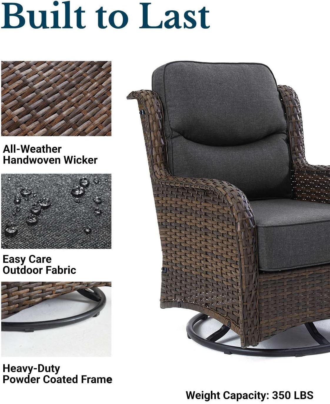 HILLGA Luxury Patio Furniture Set with 6-inch Thick Cushion, Outdoor High Back Swivel Rocker Patio Chairs, 3PCS Wicker Conversation Set for Deck Yard and Poolside, Dark Grey (V2)