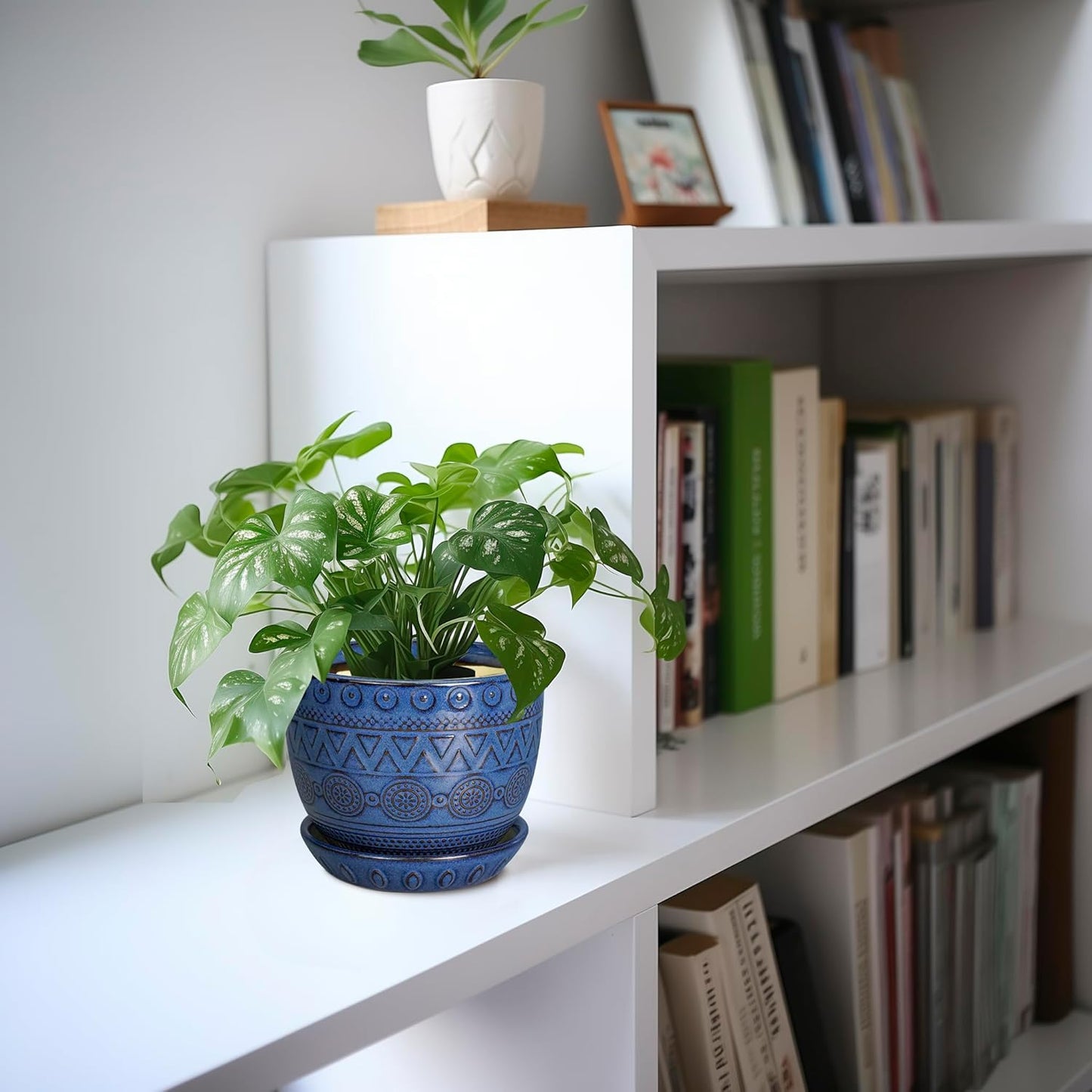 G EPGardening Pot for Plants 5 Inch - Ceramic Planter for Indoor Plants Outdoor, Succulent Pot with Drainage Hole and Saucer, Modern Home Garden Decor, Blue