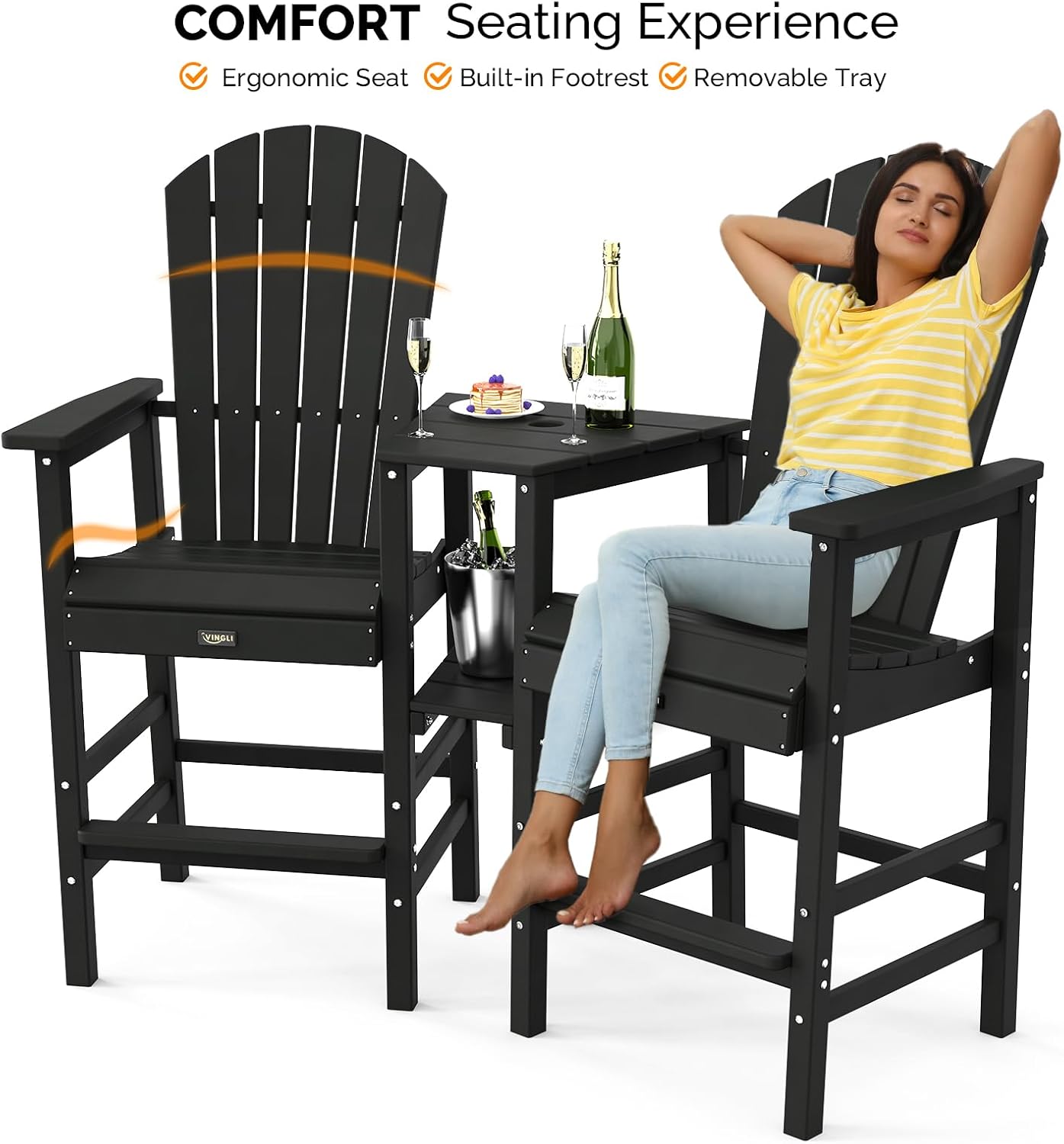 VINGLI Tall Adirondack Chairs Set of 2, HDPE Balcony Chair with Double Connecting Tray Weather Resistant Outdoor Bar Stools for Patio Deck Lawn Pool Backyard (Black)