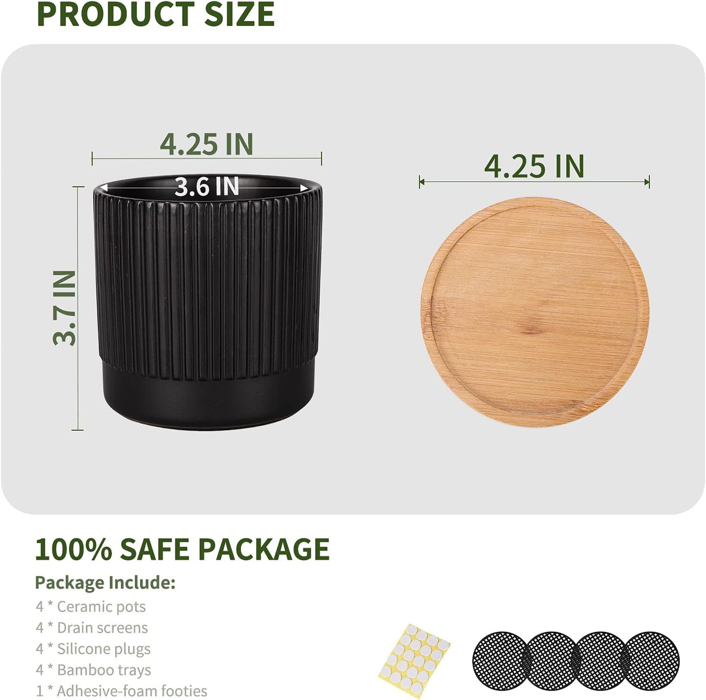 AOMRYOM 4.25 Inch Small Garden Ceramic Plant Pots with Drainage Holes and Tray, Modern Flower Planter Pots for Indoor Plants, Succulent, Cactus and Herbs, Black Stripe, Set of 4 (Plant Not Included)