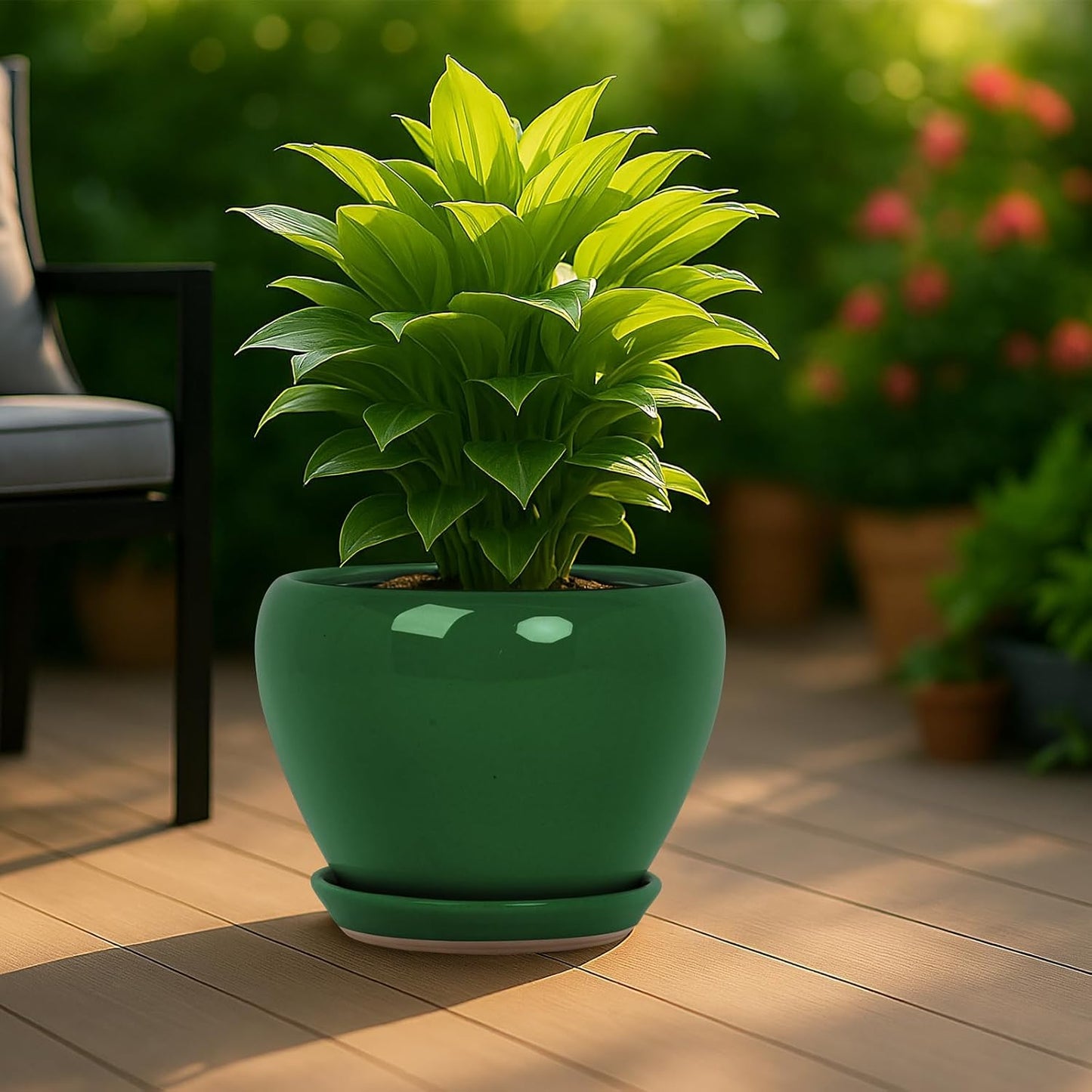 Deep Dream 10 Inch Plant Pot- Ceramic Planter Pot Round Plant Pots for Indoor Plants Outdoor Large Flower Pot with Drainage Holes & Trays, Green