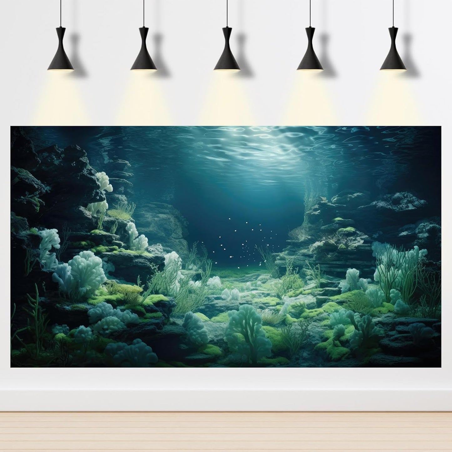 Aquarium Background Underwater Bioluminescent Life Coral Terrarium Backdrop White Coral Lush Moss Fish Tank Background Rock Sunlight Rays Tank Aquarium Wallpaper Poster Vinyl 36x20in