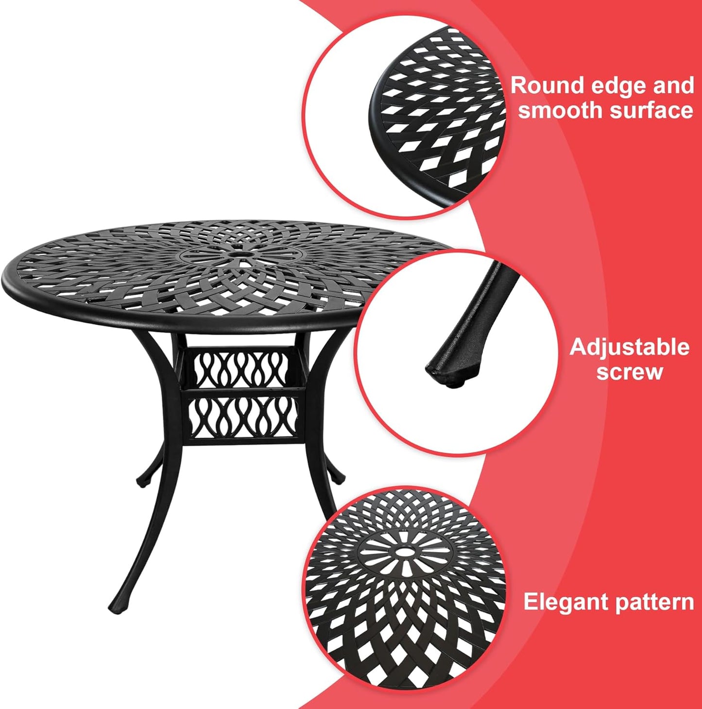 5 Piece Cast Aluminum Outdoor Dining Set, Outdoor Table and Chairs Set of 4, Patio Dining Set with 4 Chairs and 42" Round Table, Patio Conversation Set with 1.97" Umbrella Hole