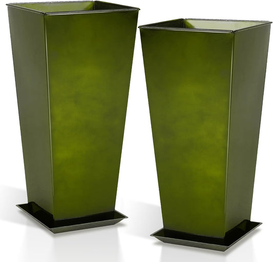 WORTH Garden 25" Large Metal Glazed Planter Set of 2, Luxurious Glossy Finish Green Tall Square Tapered Steel Plant Pots, Decor Flower Pot Indoor & Outdoor, Drainage Hole & Dual-Purpose Plant Saucer