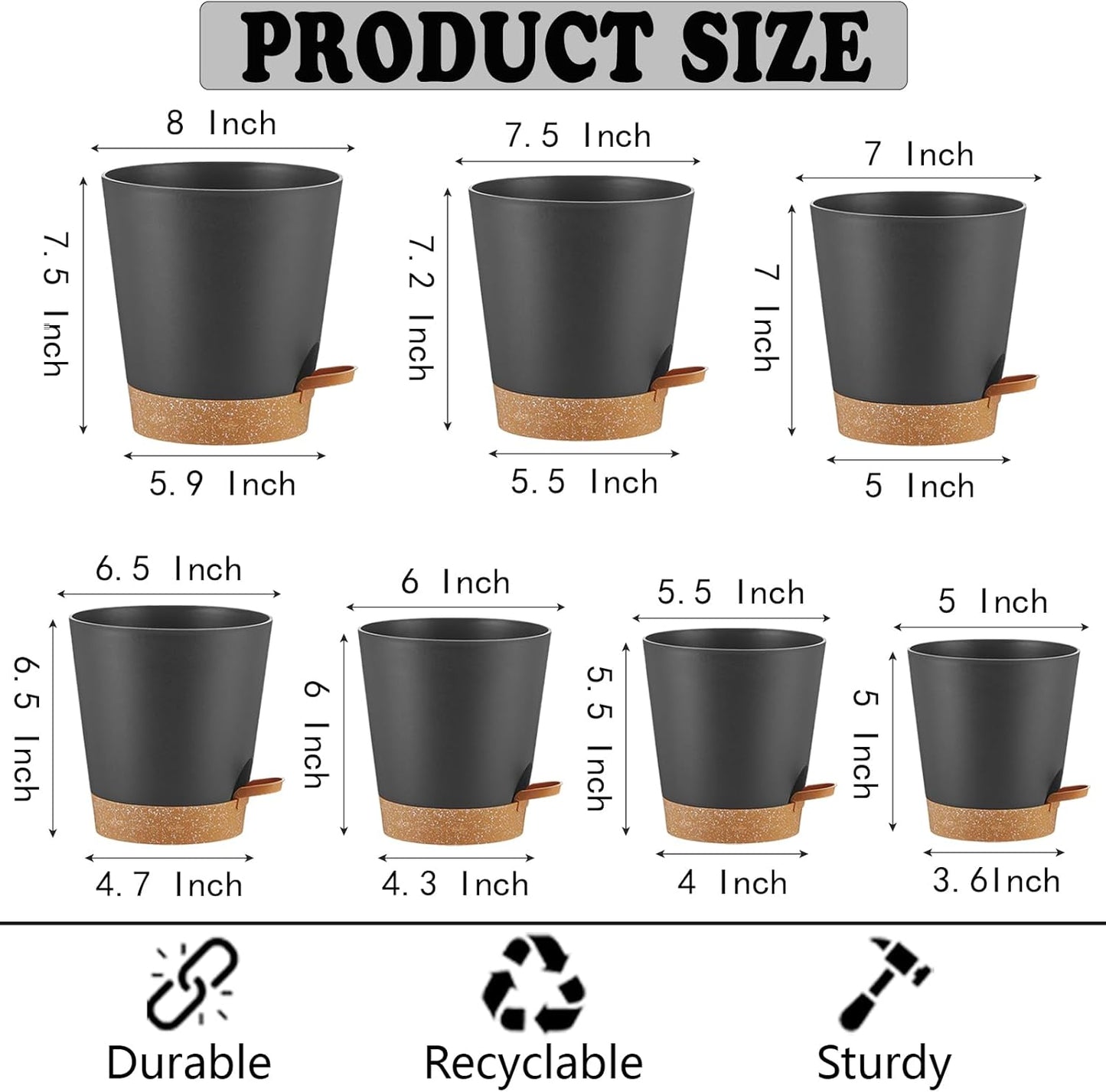 Self Watering Pots 7Pack Planting Pots for All Indoor Plants, Flower Planting Pots with Drainage Hole and Reservoir Black Plastic Succulent Planter Modern Decorations/Gift Idea