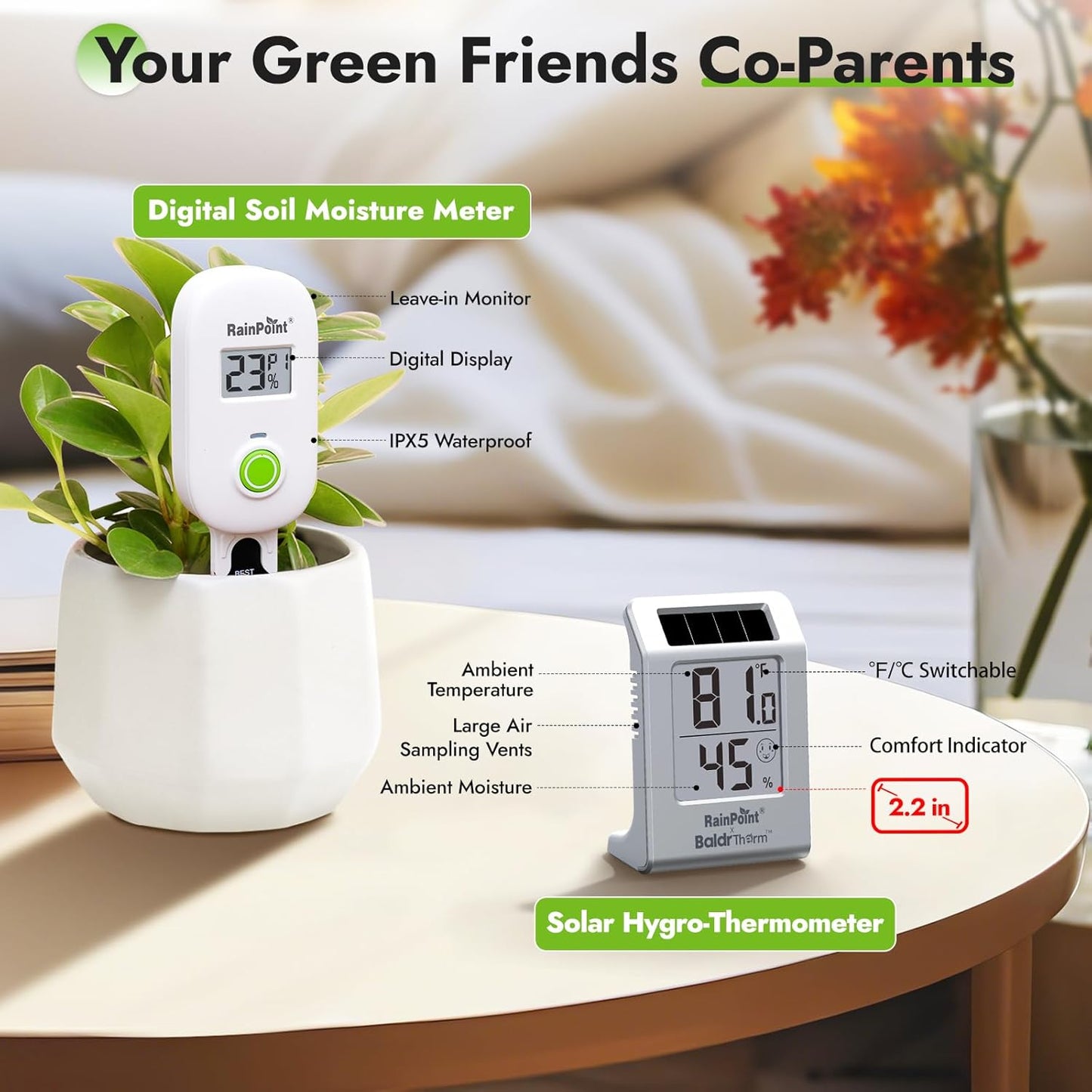 RAINPOINT Light-Driven Thermo-Hygrometer & Smart Digital Wireless Soil Moisture Meter (WiFi Hub Needed) Kit, Real-time Monitor Sensor Gardening Plant Care Essentials