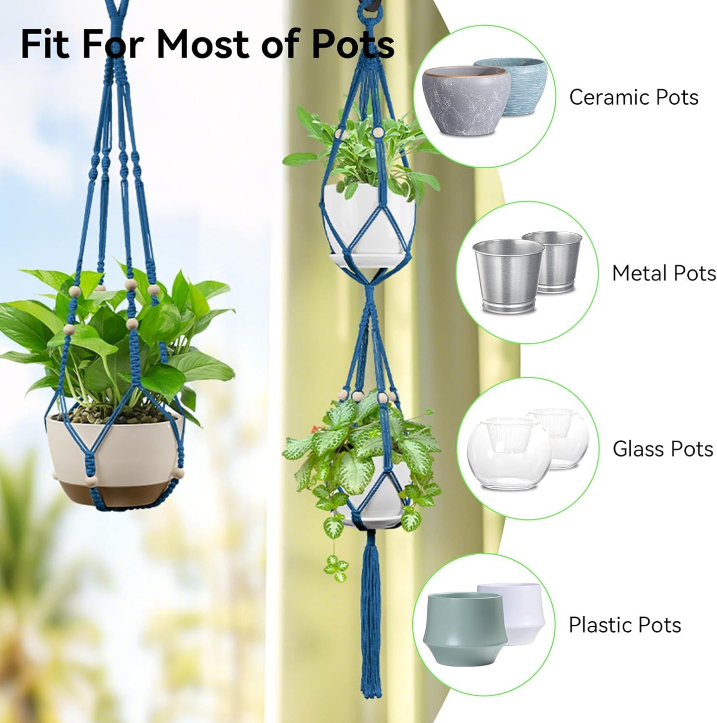 USLAI Macrame Plant Hanger Indoor Outdoor, Up to 4-15 inch Pot, Heavy 20lb Planters, Extra Long Strong Hanging Planter Basket Holder, Boho Home Decor, 35+49 Inch, Blue (POTS NOT Included)
