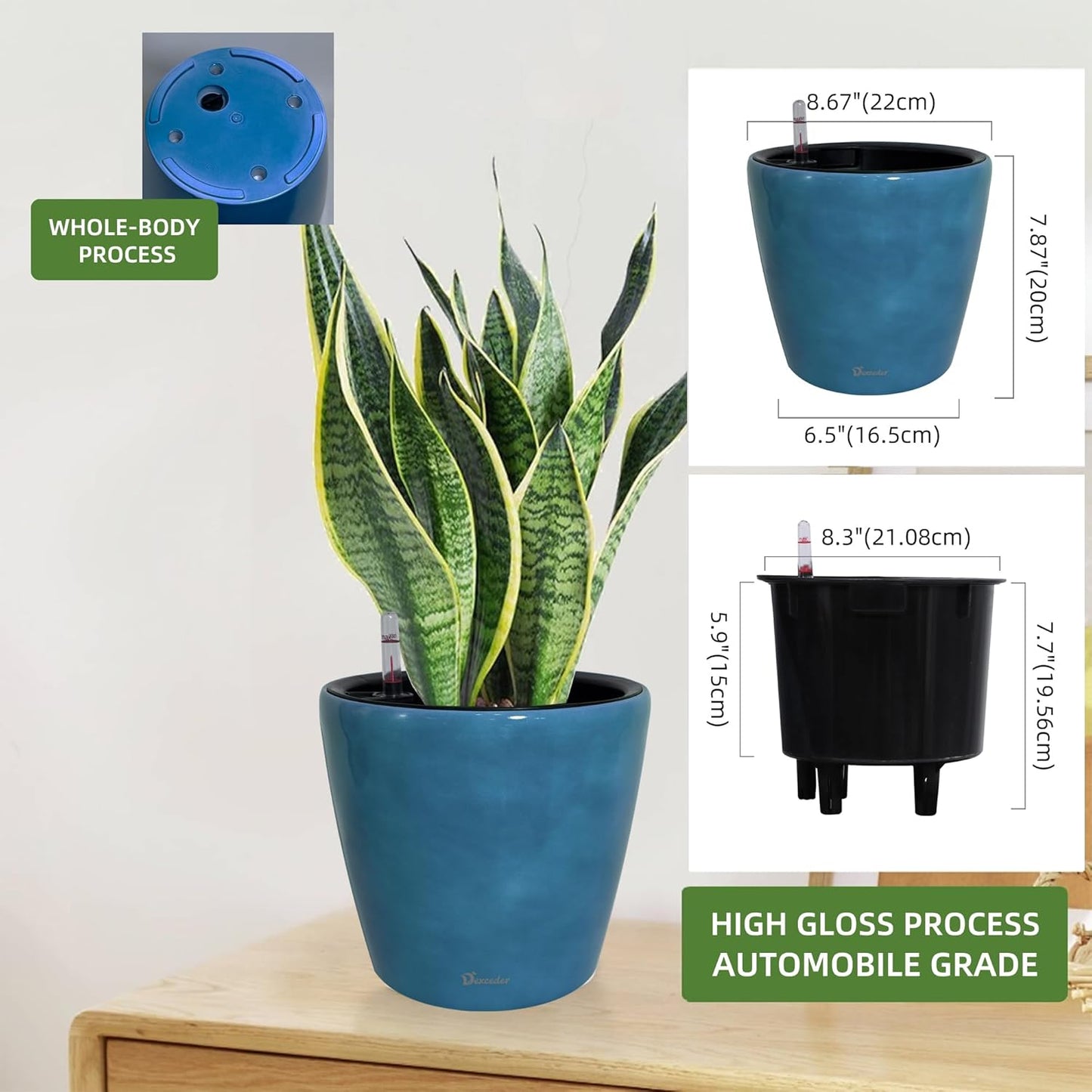 Dexceder 9x8 Inches Self Watering Planter Indoor Outdoor, Inner Pot Design, Thickened Table Flower Plant Pot with Water Level Indicator (Peacock Blue Gradient)