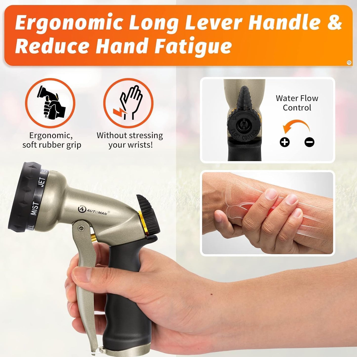 AUTOMAN Garden Hose Nozzle-7 Patterns Sprayer-2 Pack, Metal High Pressure Spray Nozzle, Heavy Duty Labor-Saving Design Water Hose Nozzle for Garden Watering, Car Washing, Window Cleaning, Pets Bathing