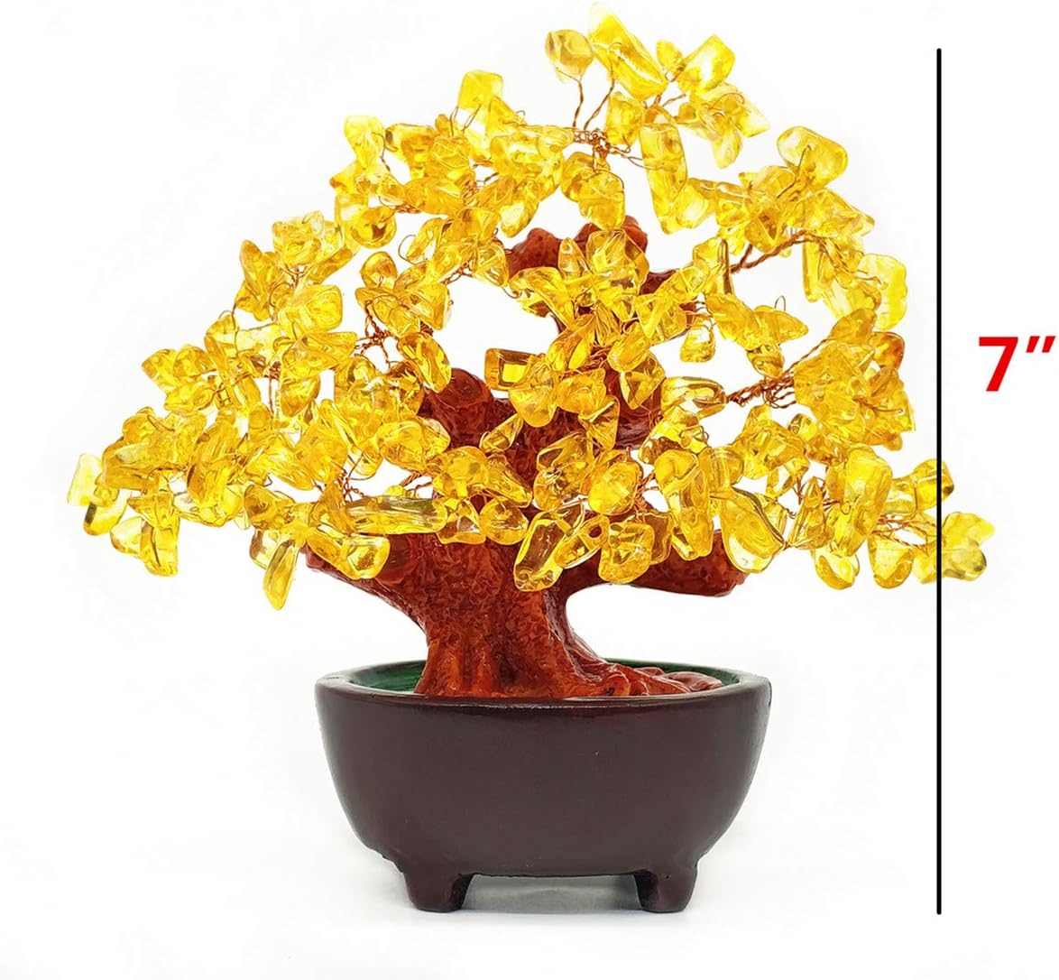 7 Inch Quartz Crystal Money Tree Bonsai Feng Shui Gem Decoration for Wealth and Luck (Yellow)