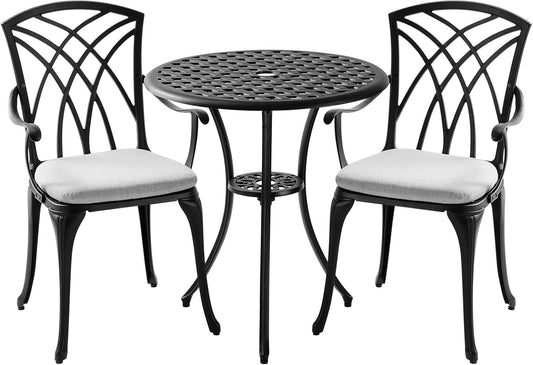 3 Piece Outdoor Bistro Table Set with Cushions, Cast Aluminum Patio Bistro Sets Patio Set with Umbrella Hole, All Weather Patio Table and Chairs Set of 2 for Garden, Black
