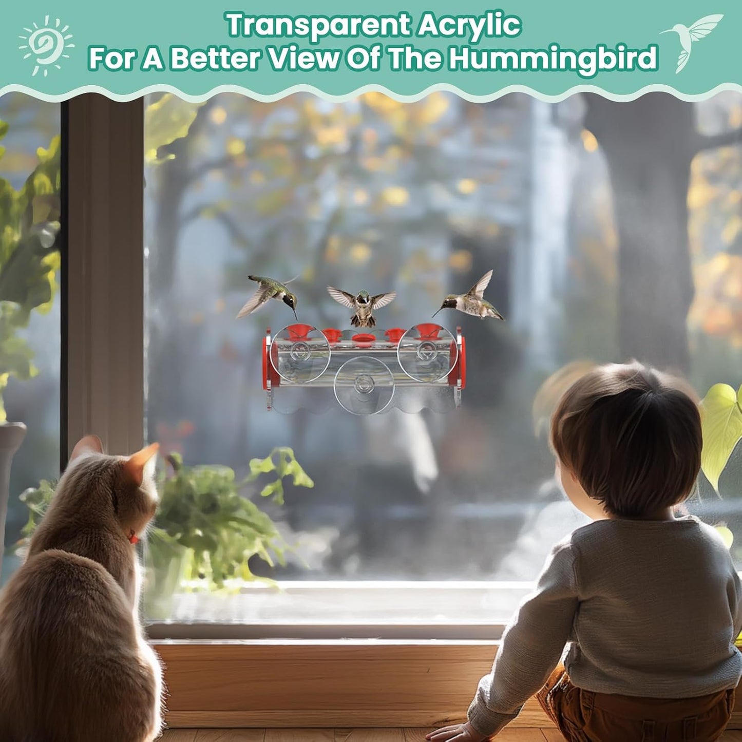 Window Hummingbird Feeder 10oz,4 Feeding Ports with Leak-Proof Design & Ultra Strong Suction Cups,Durable Plastic Bird Feeder Easy to Clean Refill, Outdoor/Indoor Use (Red Flower Top)