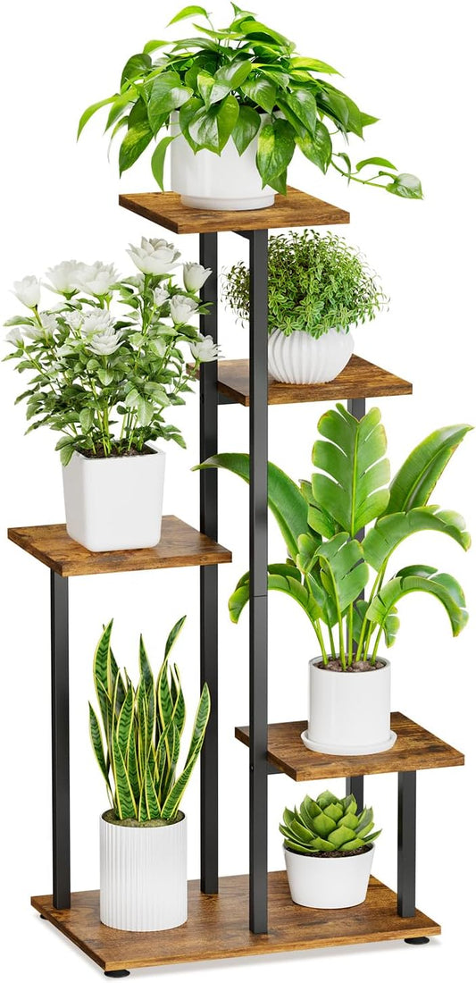 iDavosic.ly 5 Tier Plant Stand Indoor, Tiered Corner Flower Holder Shelf Outdoor, Metal Wood Tall Orchid Pot Display Rack for Patio Porch Garden Balcony Office, Modern Black & Rustic Brown