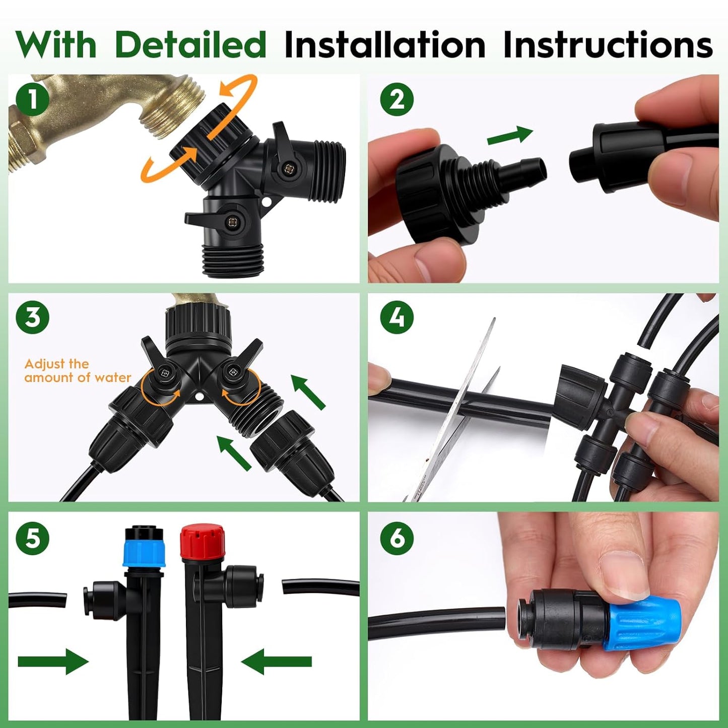 200 FT Quick-Connect Drip Irrigation System Kit, Automatic Garden Watering Misting System for Greenhouse, Lawn, Flower Bed with Irrigation Tubing, Hose Splitter 2 Way, Adjustable Drip Emitters