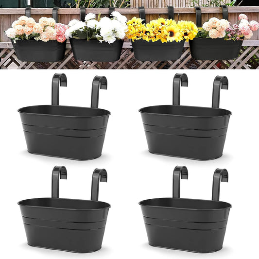 OGIMA 4pcs Hanging Flower Pots, Metal Iron Wall Planter Indoor/Outdoor for Railing Fence Balcony Garden Home Decoration with Detachable Hooks