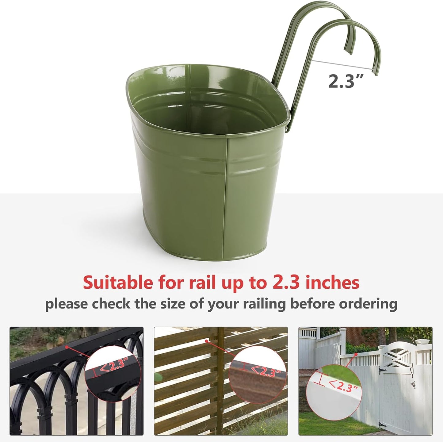Dahey Metal Iron Hanging Flower Pots for Railing Fence Hanging Bucket Pots Countryside Style Outdoor Planter Window Flower Plant Holder with Detachable Hooks Home Decor,Green,3 Pcs