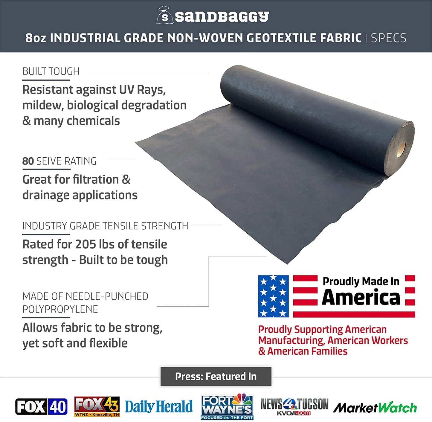 Sandbaggy Geotextile Pond Underlayment Padding | Made in USA | 50 YEAR Life* | Non Woven Fabric Protects Pond Liner From Damage | Made of Industrial Grade DOT Approved Fabric (6 ft x 25 ft or 150 sq ft)