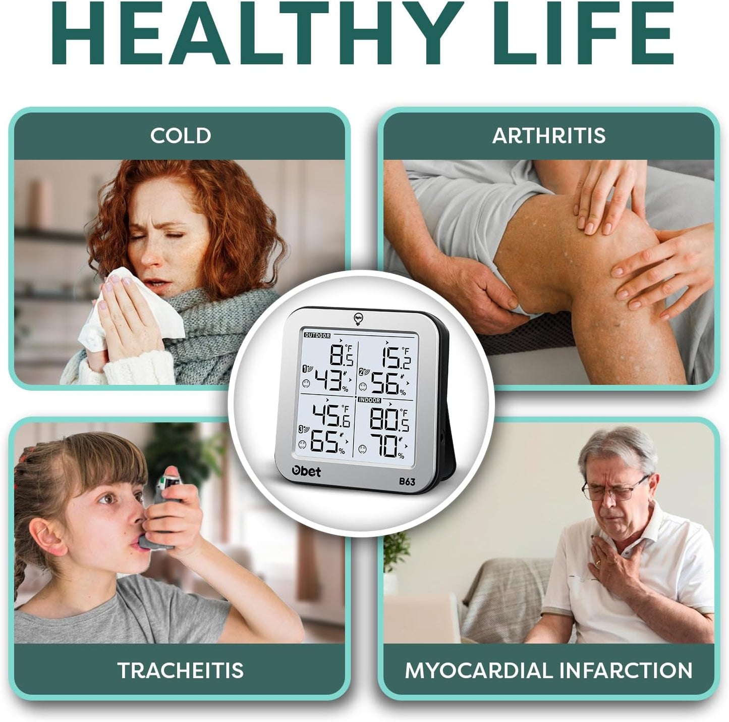 OBET Indoor Outdoor Thermometer Wireless with 3 Sensors Weather Station Temperature Humidity Monitor 500ft Range and Adjustable Backlight and Min Max Data Silver