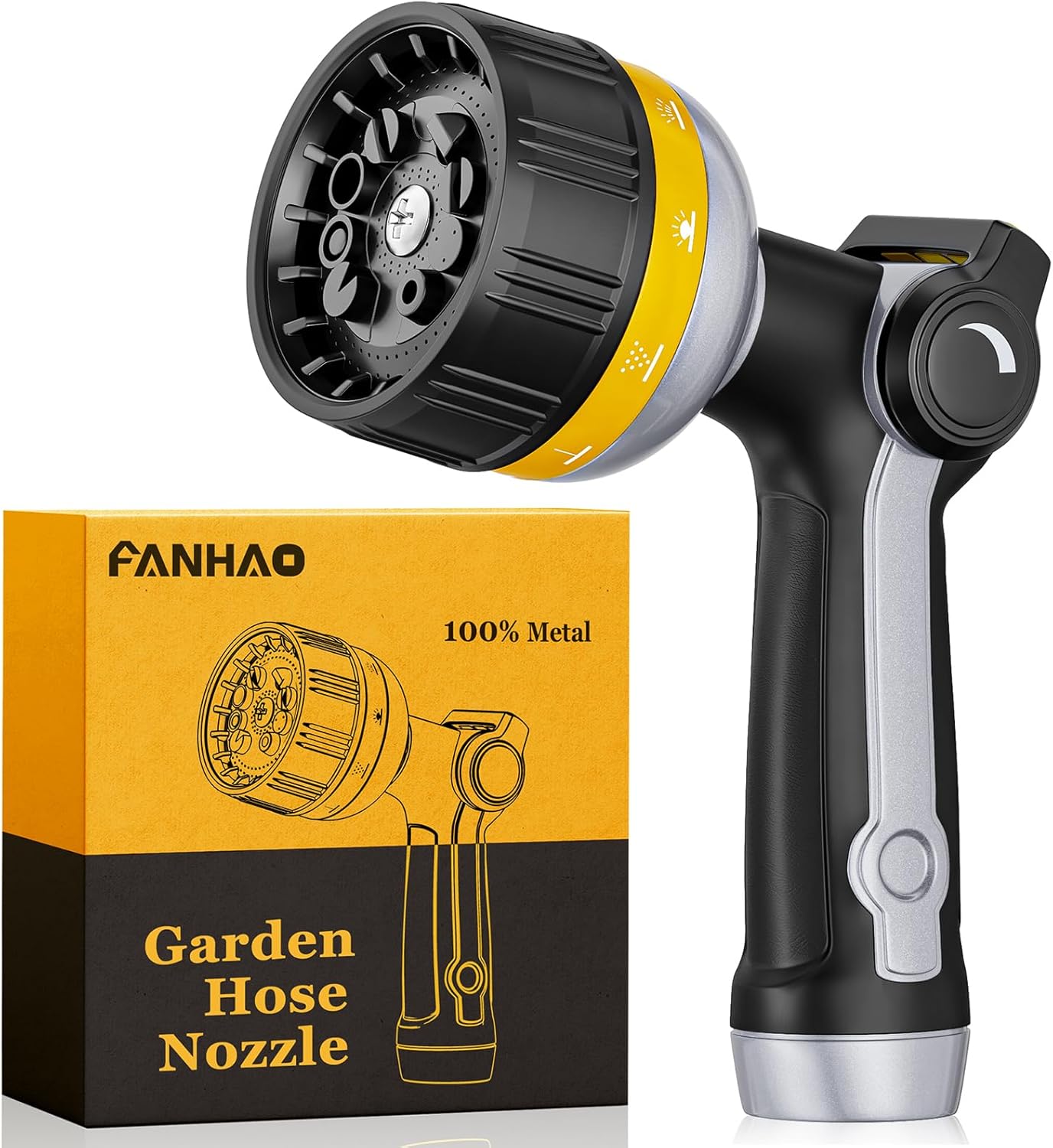 FANHAO Heavy Duty Garden Hose Nozzle, Metal Water Hose Sprayer with 10 Spray Patterns, Thumb Control, On Off Valve, High Pressure Water Nozzle for Plants Watering, Car and Pet Washing, Yellow
