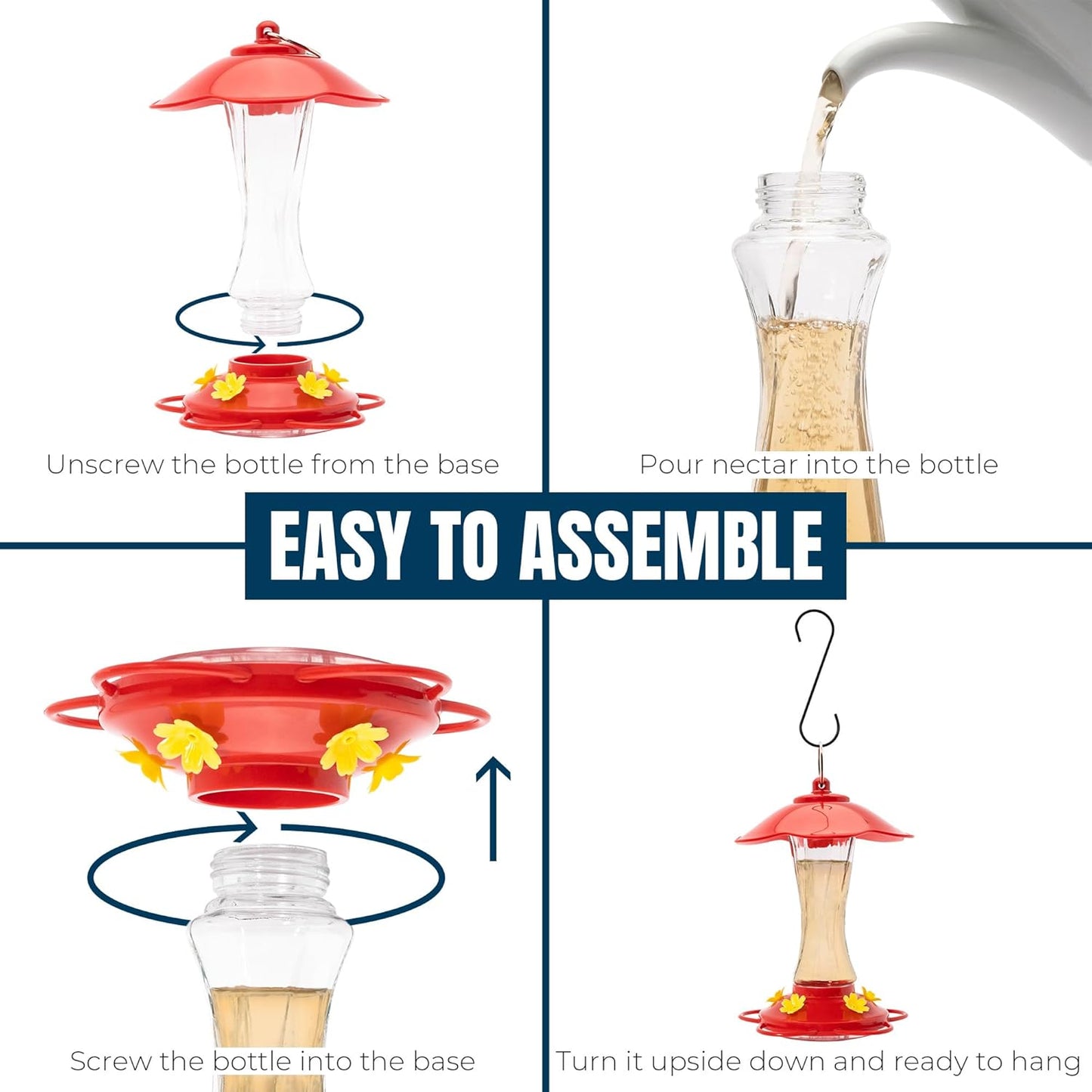 MEKKAPRO Hummingbird Feeders for Outdoors Glass - Red Hummingbird Feeders for Outdoors, Metal Ring, Bee-Proof Design, Easy Assembly, Red Hummingbird Feeder 10 oz (2-Pack)