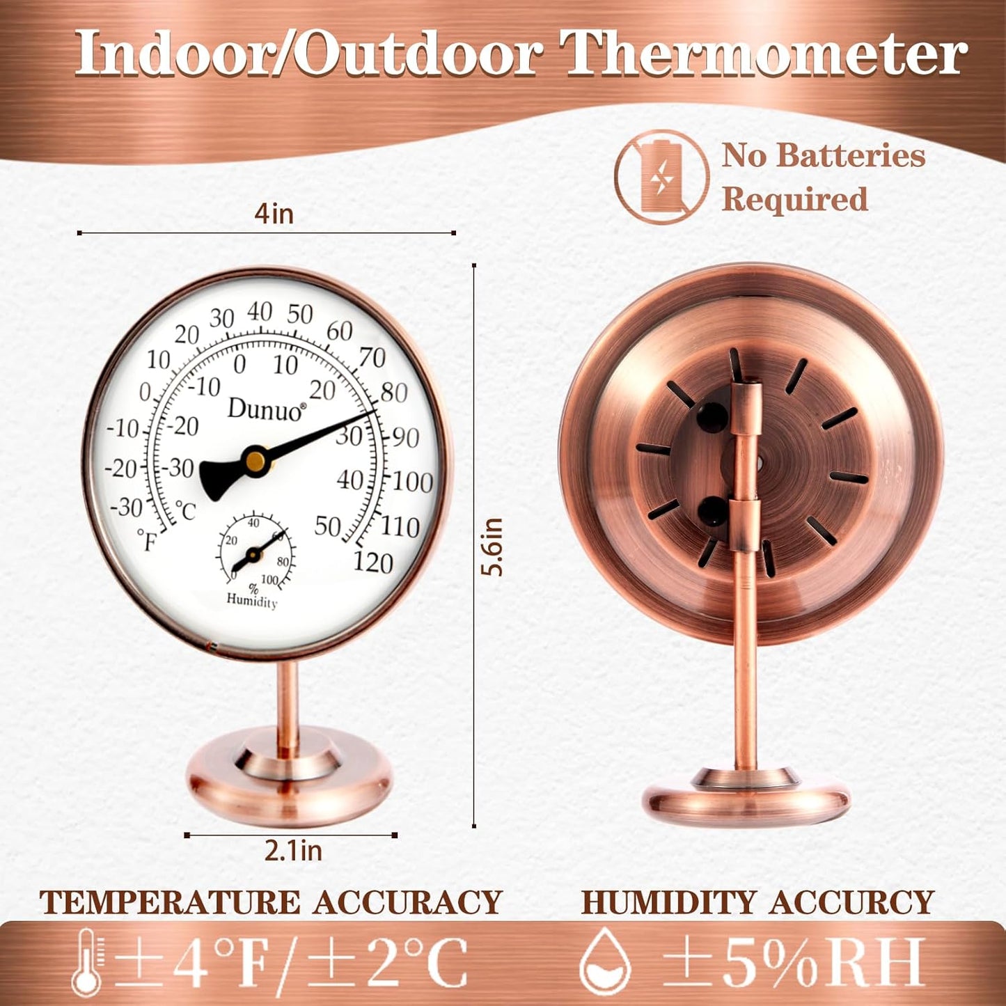 4-inch Outdoor Thermometer Hygrometer, Indoor Humidity Meter, Temperature Monitor Gauge for Home, Room, Office, Patio, House, Greenhouse, Antique Copper,Tabletop Decor.