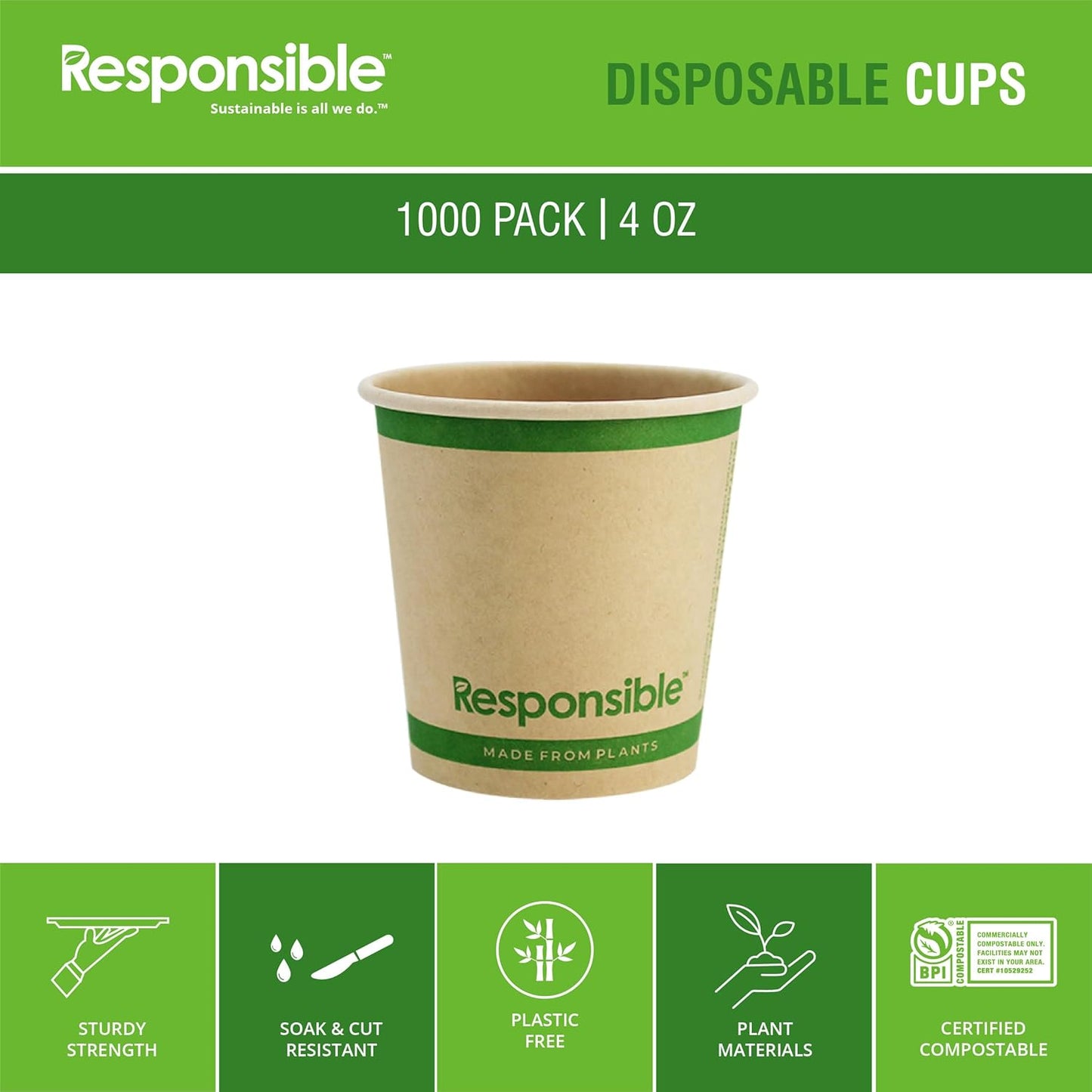 4 oz Paper Hot Cups, Tree-Less™ Compostable Paper Coffee Cups, Extra Strength, Tree-Free and Made Without PFAS, Natural Brown (1000 Count)