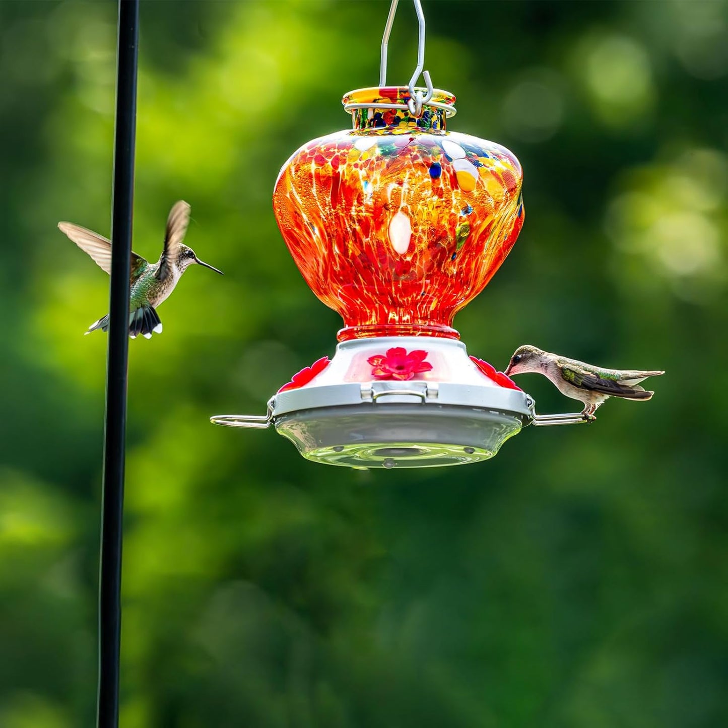 Hummingbird Feeder for Outdoors with Ant Moat, Hummingbird Feeder, Hand Blown Glass, 4 Bee Guard Feeding Ports with Perch, Outdoor Garden Décor, 16OZ, Red, Gifts for Mom Wife Dad Men Women