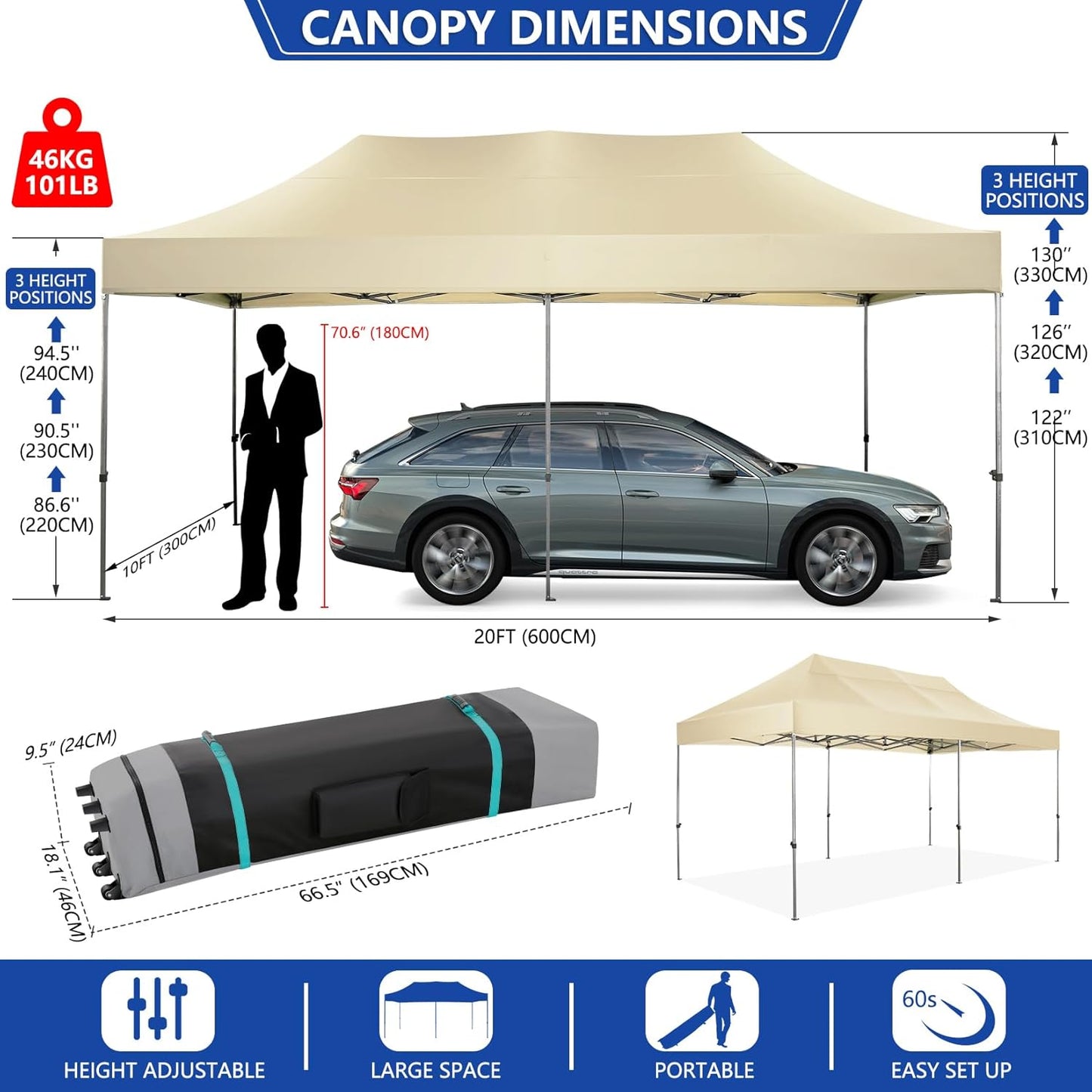 COBIZI 10x20 Pop up Canopy Tent Heavy Duty Without Sidewalls, Easy Set-up Commercial Outdoor Party Canopy, 100% Waterproof Wedding Gazebo, 3 Height Adjustable with Wheeled Bag, Khaki