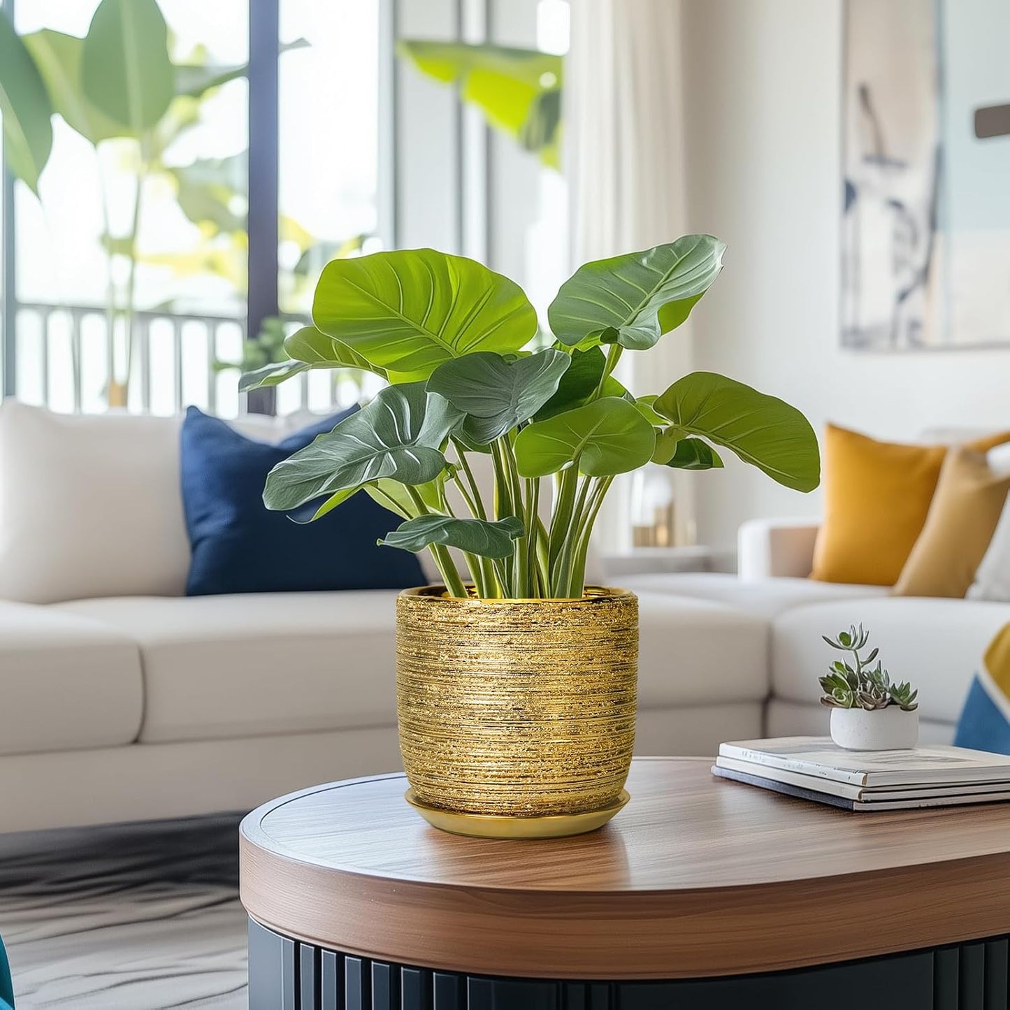 Ceramic Plant Pot 7 Inch - Ceramic Planter for Indoor Outdoor Plants, Round Modern Flower Pot with Drainage Hole and Saucer, Housewarming Gifts, House Patio Office Home Decor, Gold