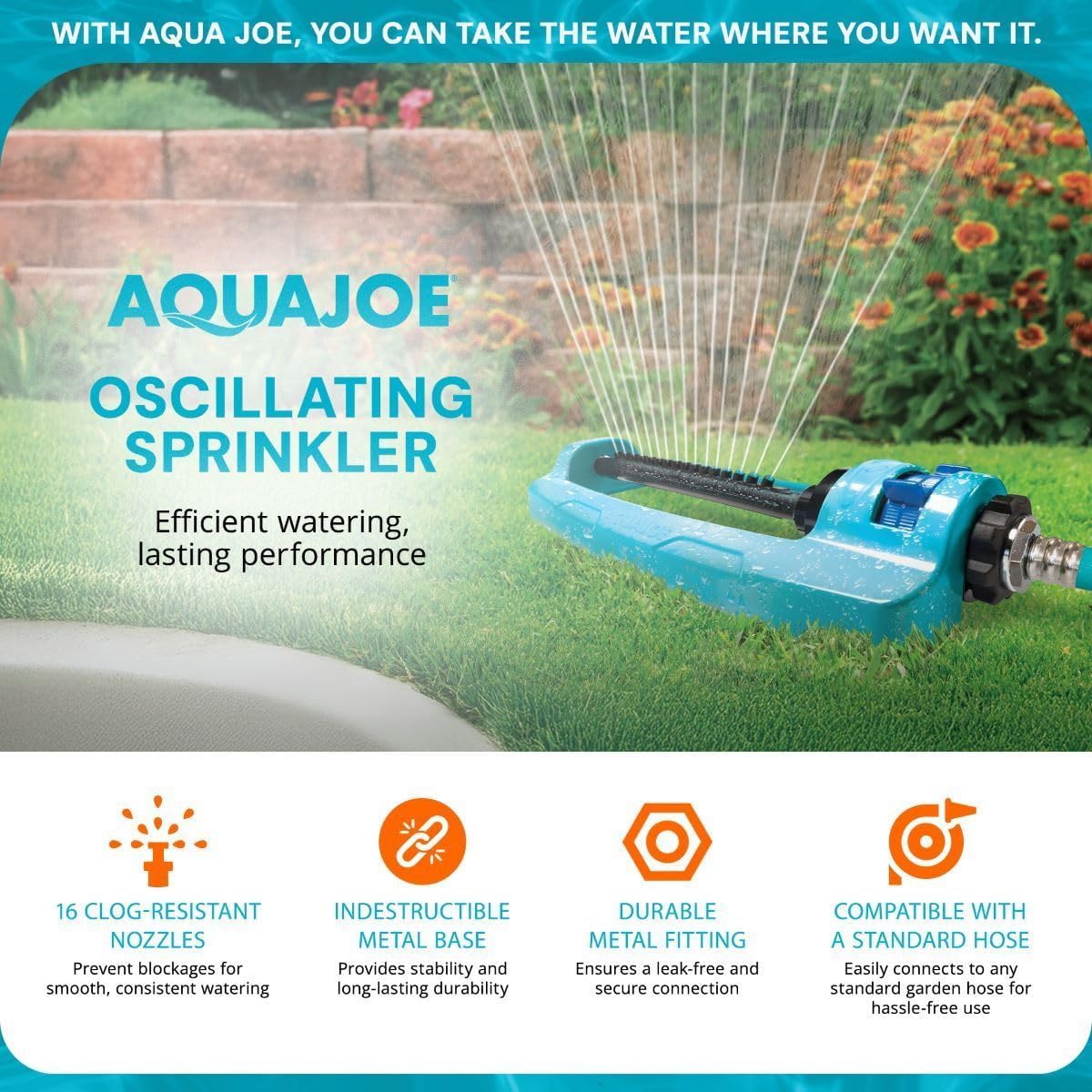 Aqua Joe SJI-OMS16 Indestructible Oscillating Sprinkler with Adjustable Spray and Metal Base, 3600 Sq. Ft. Coverage Max, 70-Foot Spray Distance Max, and 37.8-Foot Spray Width Max