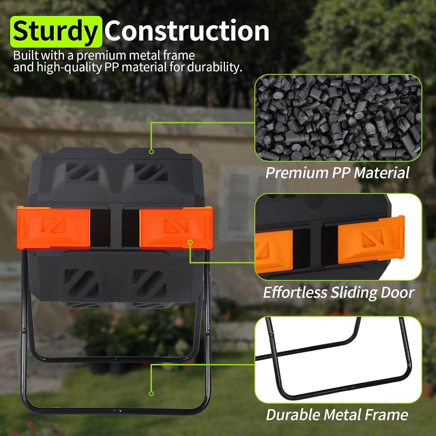 Outdoor Compost Bin 43 Gallon, Dual Chamber Tumbling Composter, Heavy-Duty Composting Bin for Garden, Kitchen, Yard, Kitchen Composter, Compost Bin Outdoor with Sliding Doors (Orange)