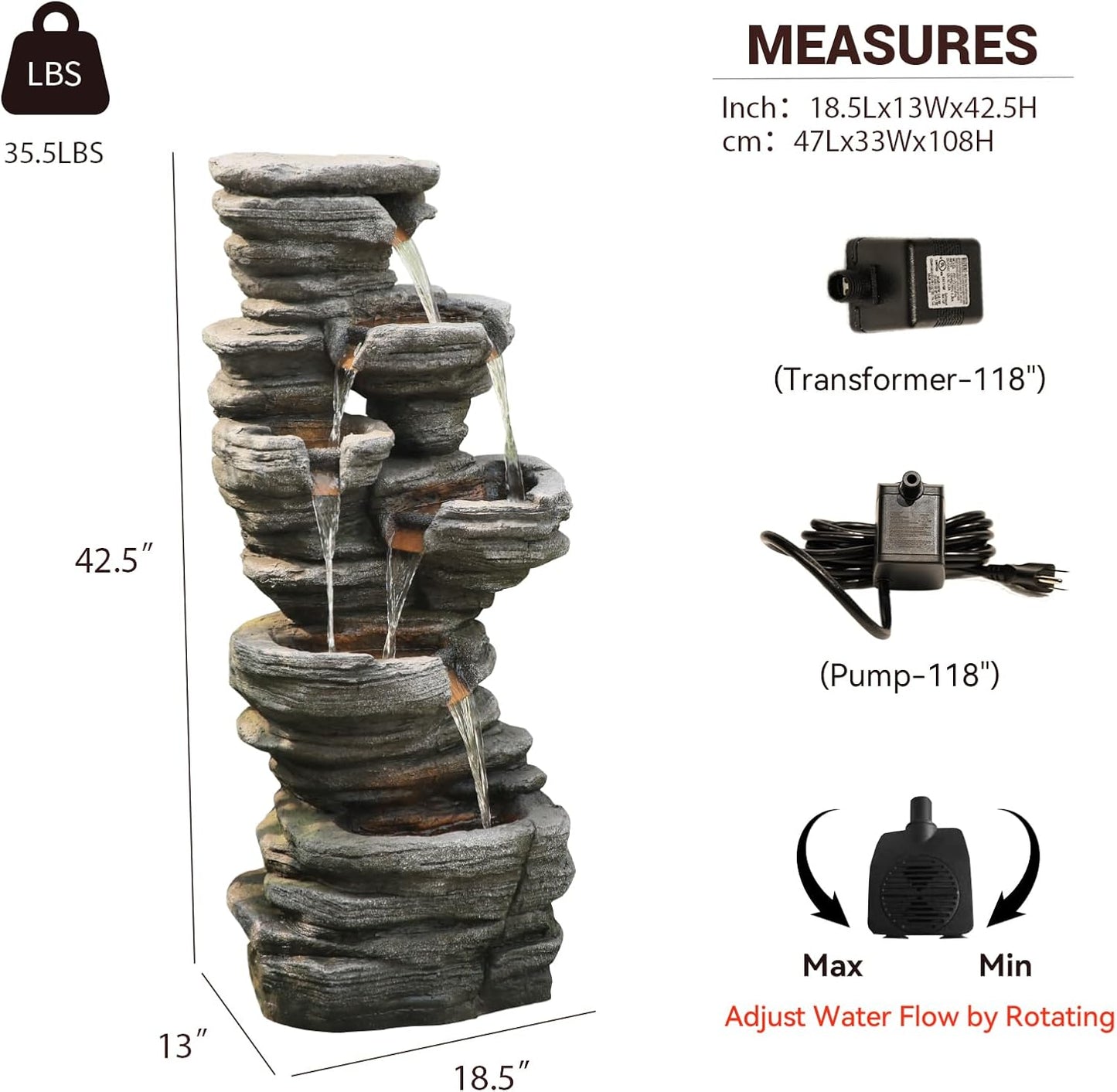 42.5" H Garden Outdoor Water Fountain with LED Lights & Pump, Mutiply-Tier Cascading Outdoor Fountain for Garden,Patio,Porch,Backyard,Home Art Decor