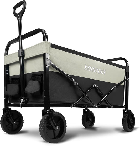 Large Collapsible Wagon Foldable for Grocery, Beach, Park, Yard, 34 x 18 Inch Inner Storage. Folding Utility Shopping Cart on Wheels. Heavy Duty, Durable w/Cupholders (Black-Gray)