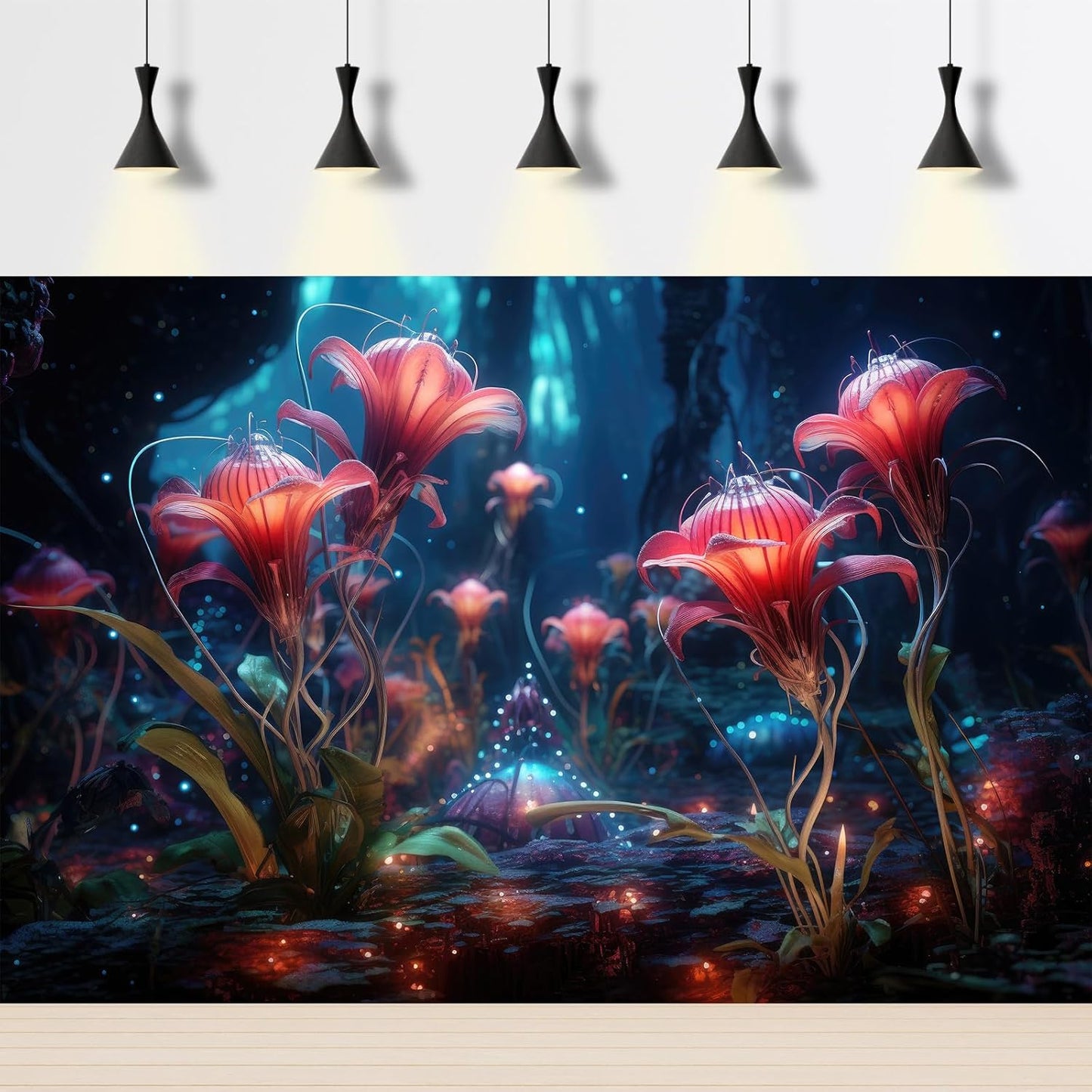 Aquarium Background Beautiful Red Translucent Flowers Terrarium Background Abstract Fantasy Plants Underwater World Tank Poster Glowing Flowers Foggy Forest Fish Tank Background Decors Vinyl 60x24in
