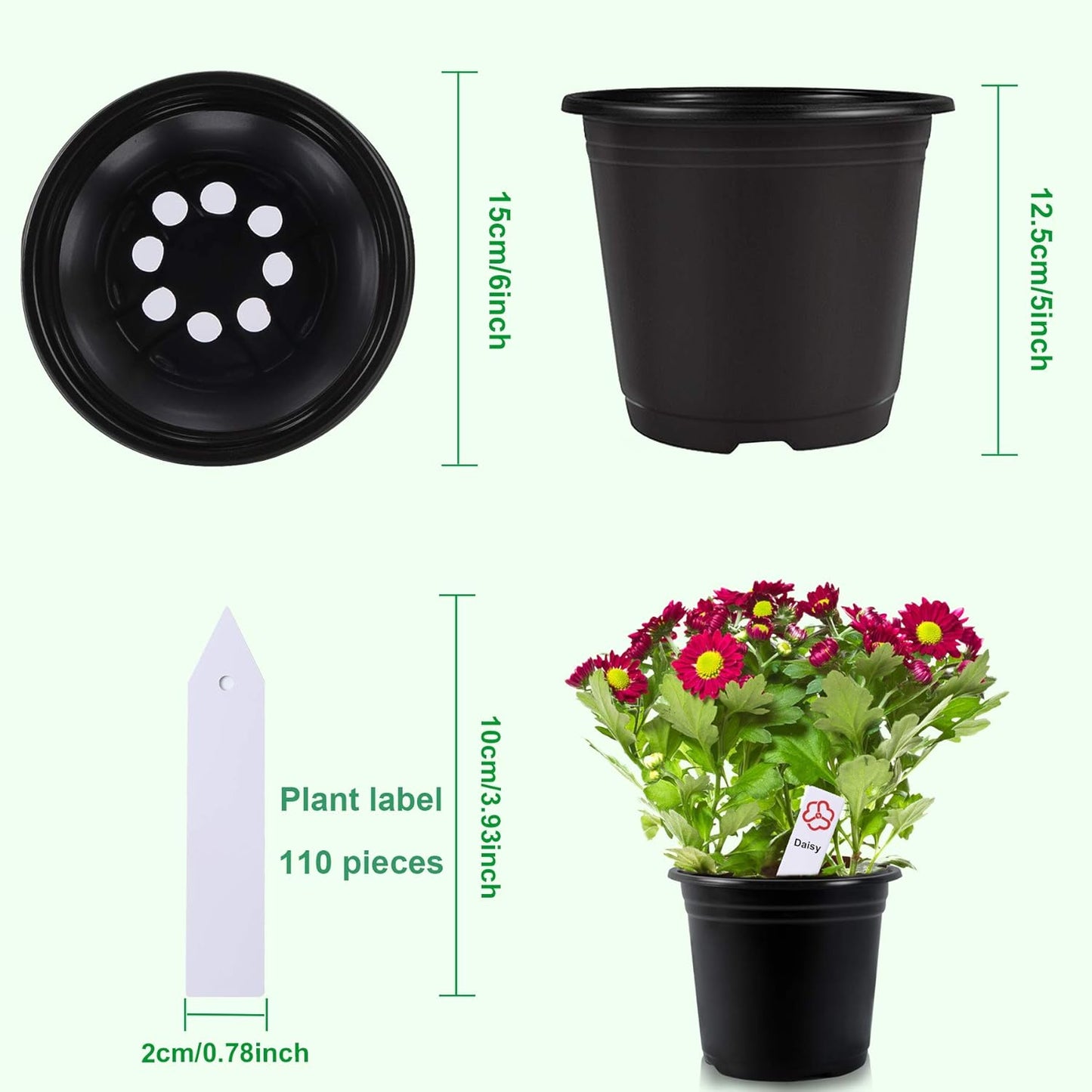 Augshy 110 Pcs 0.5 Gallon Black Plastic Plant Nursery Pots 6 Inches Seed Starting Pots Containers with 110 Labels