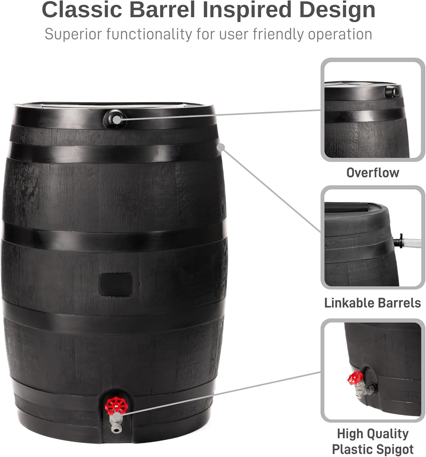 50-Gallon ECO Rain Barrel Made with 100% Recycled Plastic, Flat Back Rain Water Collection Barrel, Link Kit Included, Black (2 Pack)