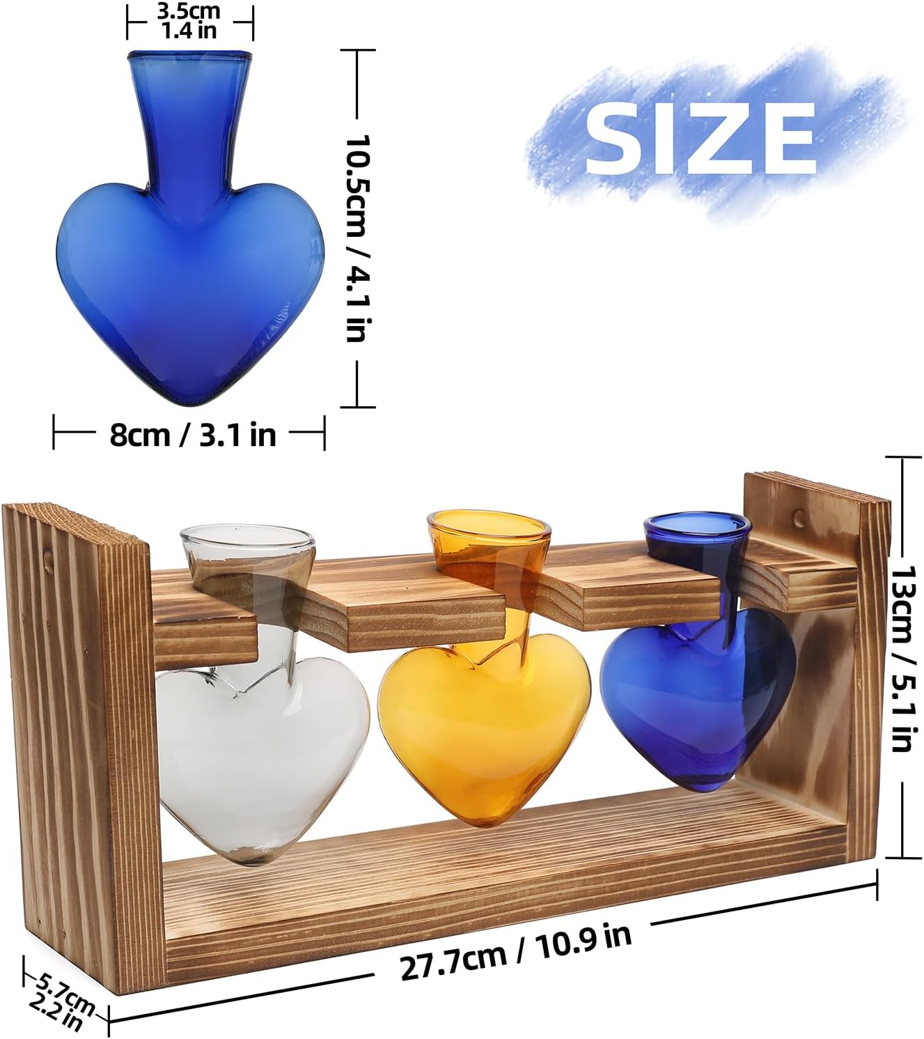 Plant Terrarium Propagation Stations Hydroponics Home Garden Decoration Gift for Women with Wooden Stand Heart Shaped Colored Glass Vase