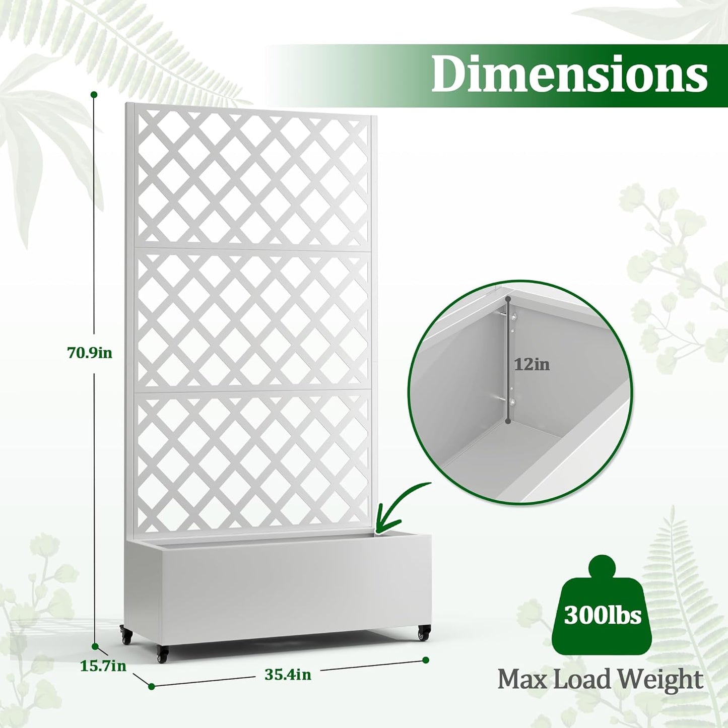 Metal Raised Garden Bed with Trellis and Wheels, 2 in 1 Trellis with Planter Box & Privacy Screen for Climbing Plants, Outdoor Standing Flower Beds with Drainage Holes, 35.4"L x 15.7"W x 70.9"H, White