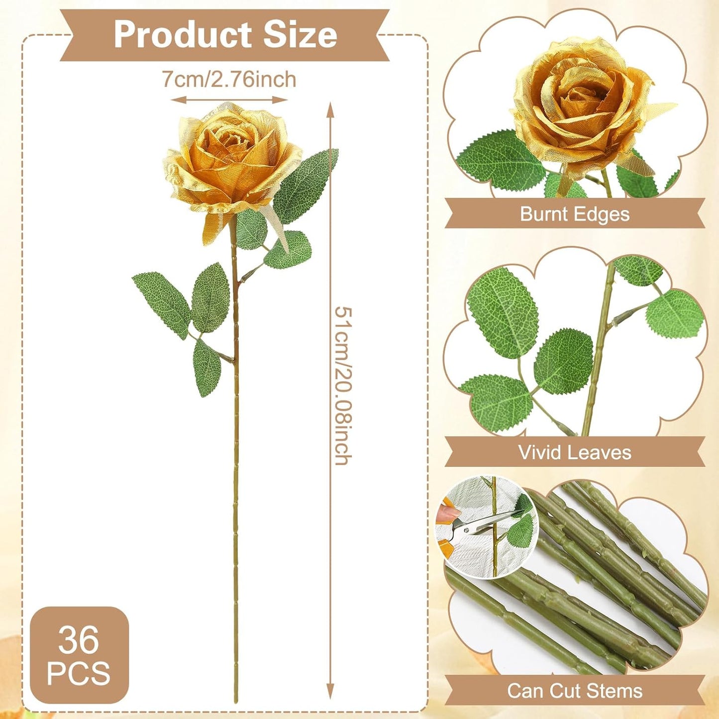 36 Pcs Gold Artificial Roses with Long Stems, Fake Silk Rose Artificial Flowers Bulk for Bridal Wedding Bouquet Centerpiece Ball Arrangement Party Decor