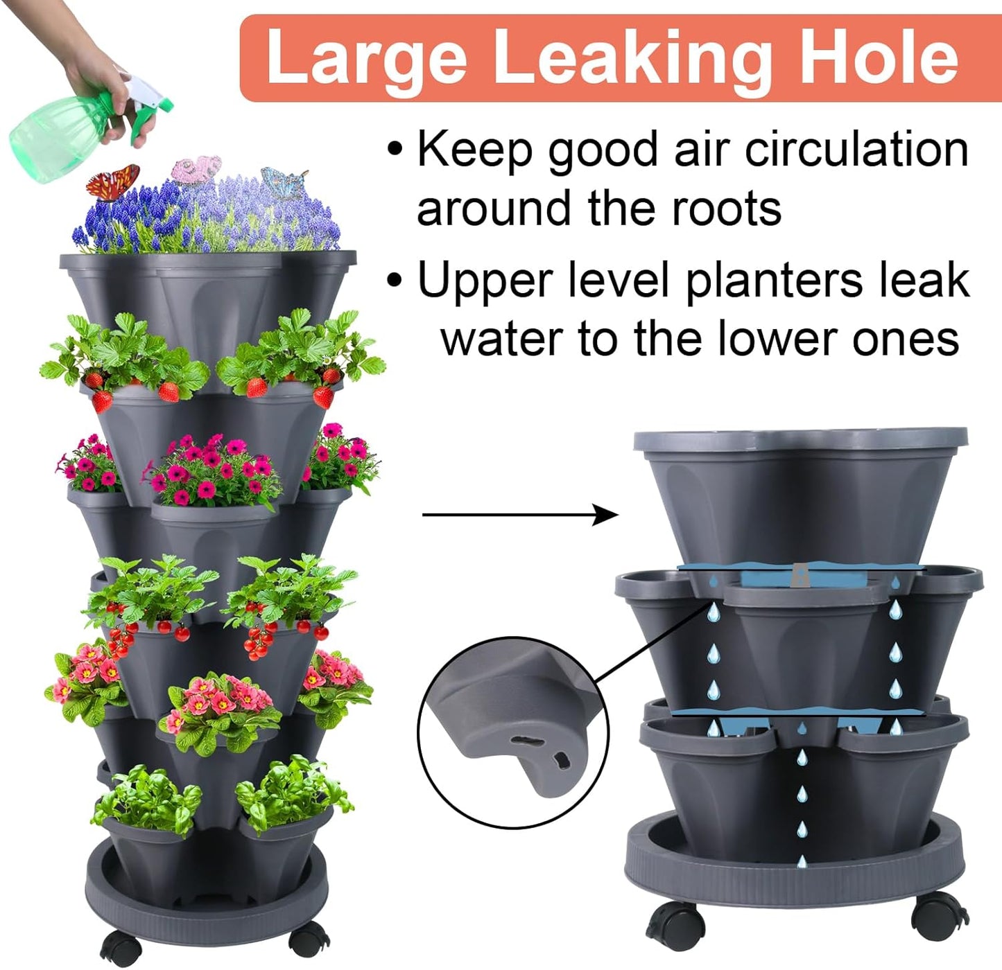 Vertical Planter, 6 Tier Stackable Strawberry Planter with Garden Tool Set, Movable Indoor/Outdoor Garden Herb Pot for Growing Vegetables and Succulents, Dark Gray