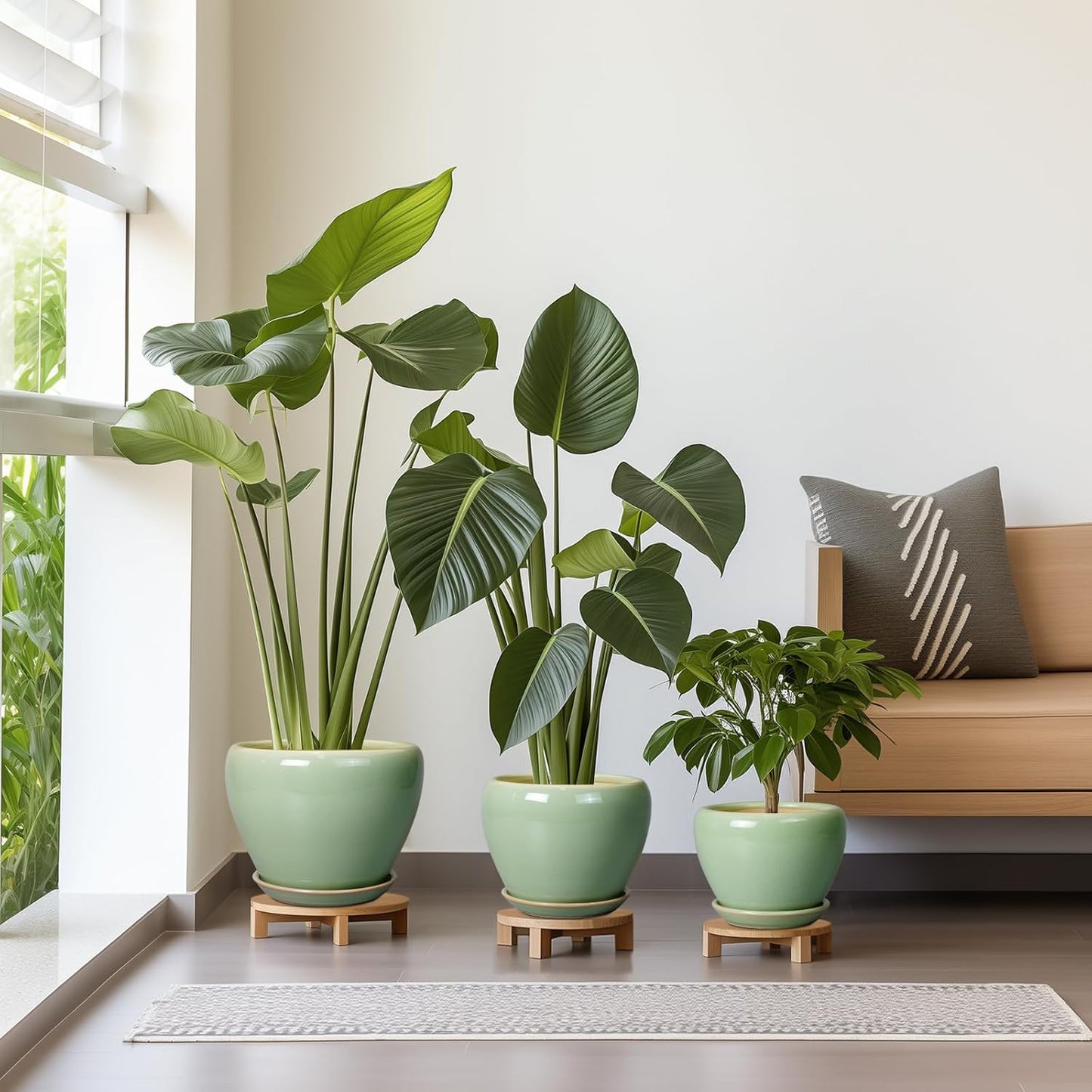 Ceramic Pots for Plants - 10/8/6 Inch Flowers Planters with Drainage Holes and Saucers for Indoor Outdoor, Decorative Modern Home House Office Room Decor, Set of 3, Green