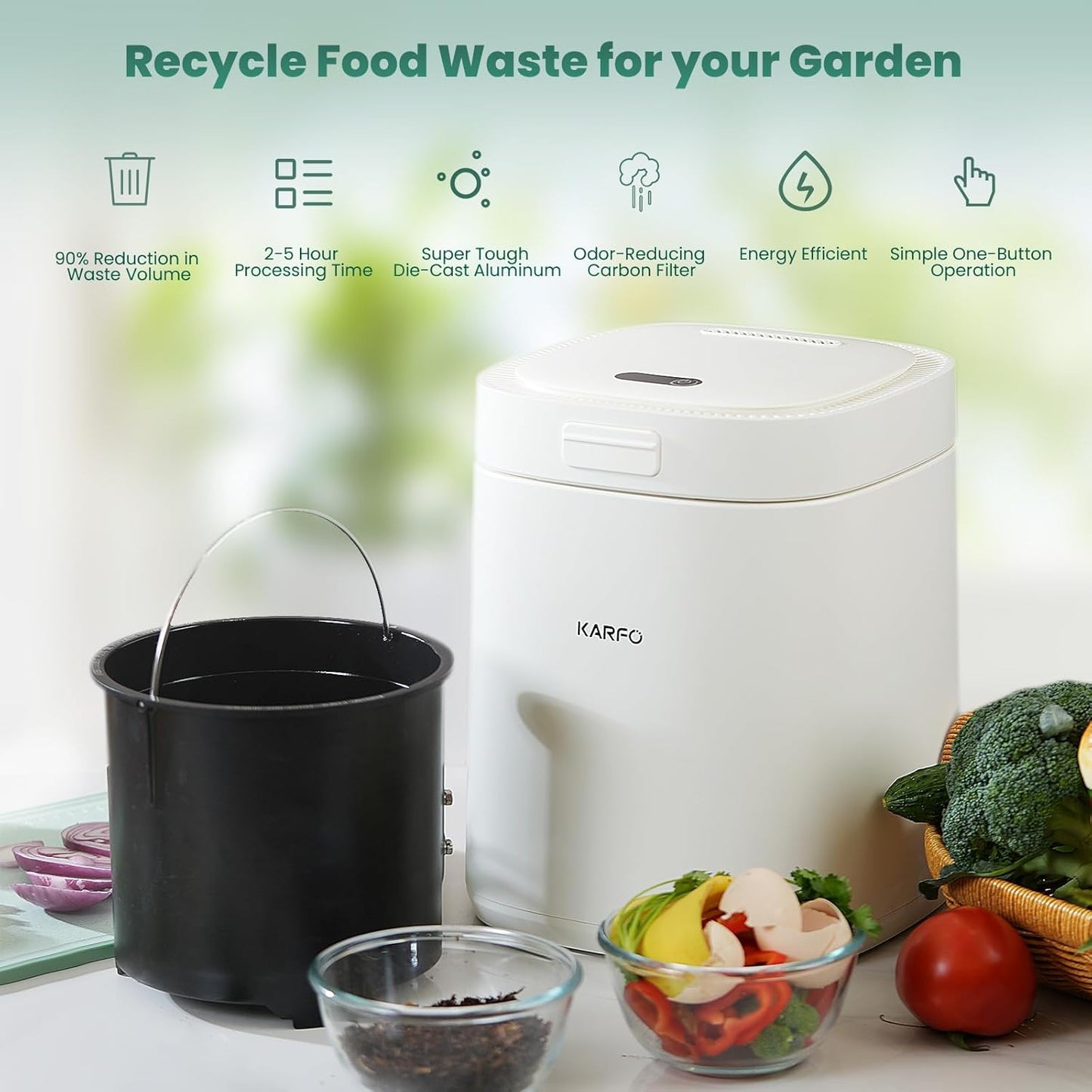 Karfo Electric Composter for Kitchen, Smart Compost Bin Outdoor/Indoor, Odorless Single-Button Auto Operation, Turn Food Waste to Fertilizer for Plants, Food Waste Compost Machine（White）