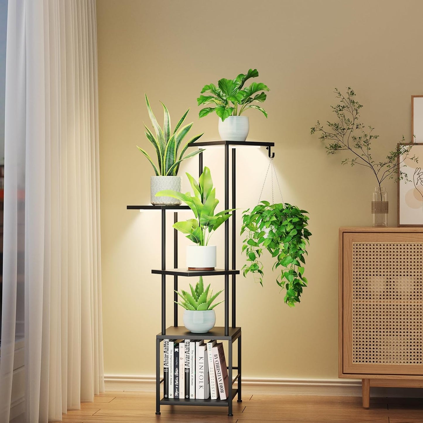 Plant Stand Indoor with Grow Light, 5-Tiered Tall Plant Stand Indoor, Metal Plant Shelf with Hanging Basket Hook and Adjustable Light, Ideal for Living Room, Garden, Patio (Black )