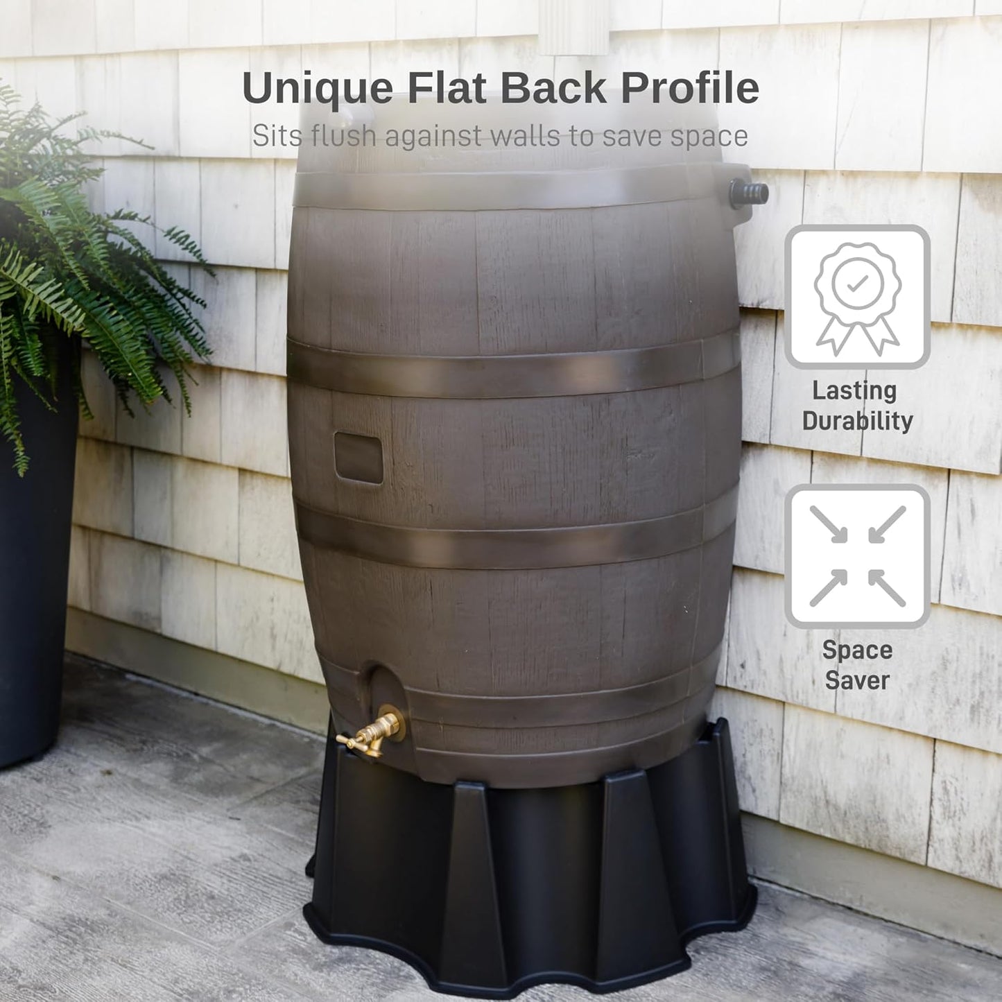 50-Gallon Rain Barrel with Brass Spigot, Flat Back Rain Water Collection Barrel, Walnut Color