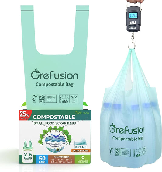 Compostable Trash Bags with handle-tie,Garbage Bags, 2.6 Gallon,Food Waste Bags,Small trash bags for compost bin kitchen,Certified by BPI and OK Compost (2.6G-50count)