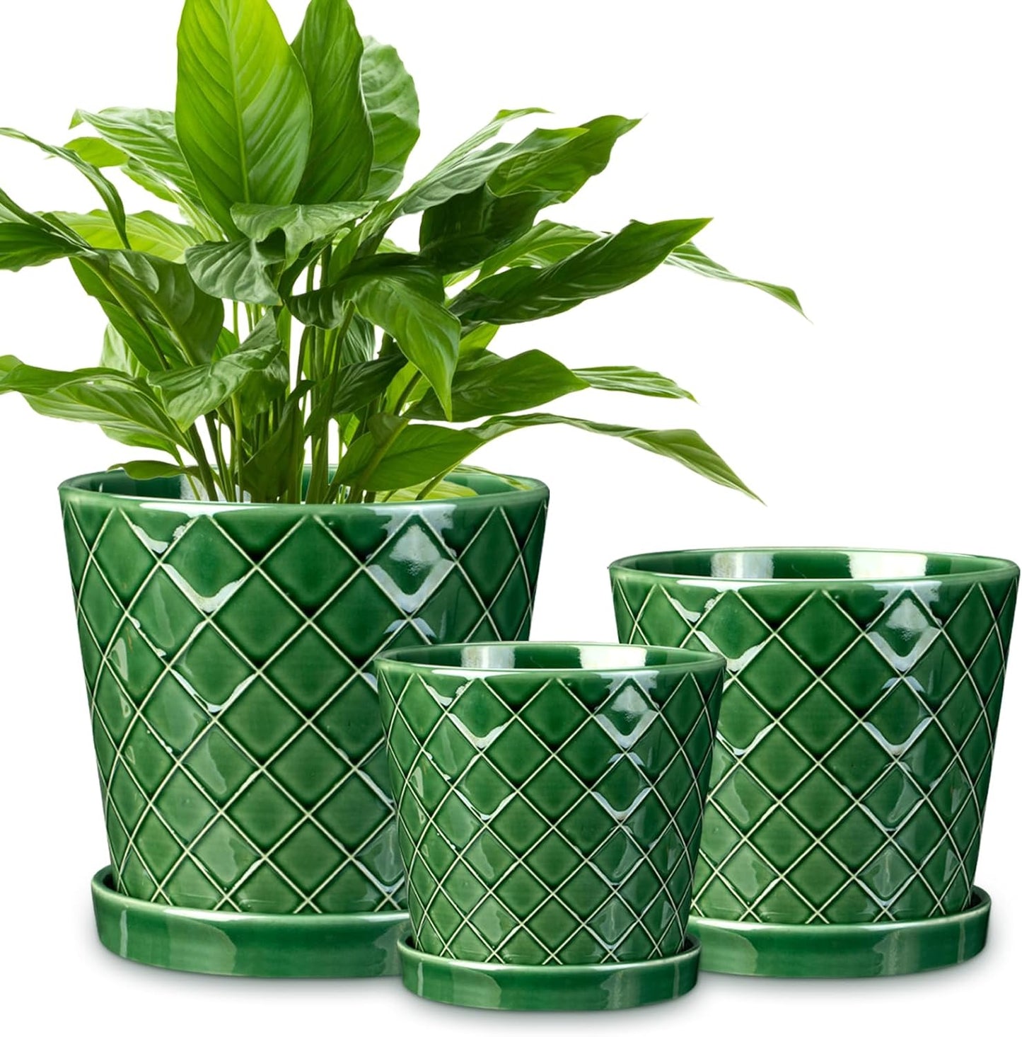 EFISPSS Ceramic Plant Pots, 4+5+6 Inch Pots for Indoor Plants, Flower Pots with Drainage Hole and Tray,Indoor/Outdoor Usage, Modern Style Garden Pots Set of 3 - Patina