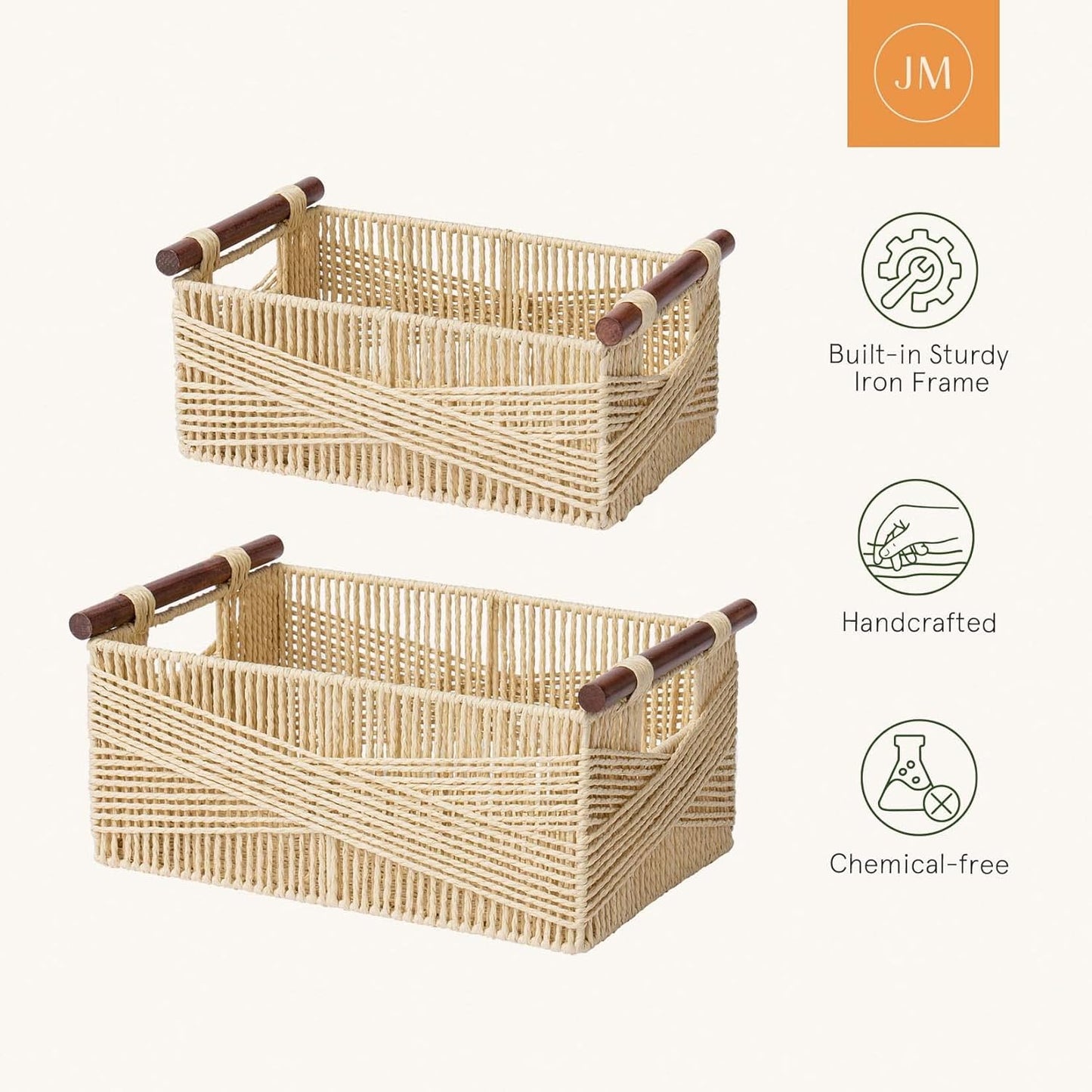 LA JOLIE MUSE Wicker Storage Baskets for Organizing, Recyclable Paper Rope Basket with Wood Handles, Decorative Hand Woven Basket Organizers for Makeup Books Shelves Living Room, Beige, Set of 2