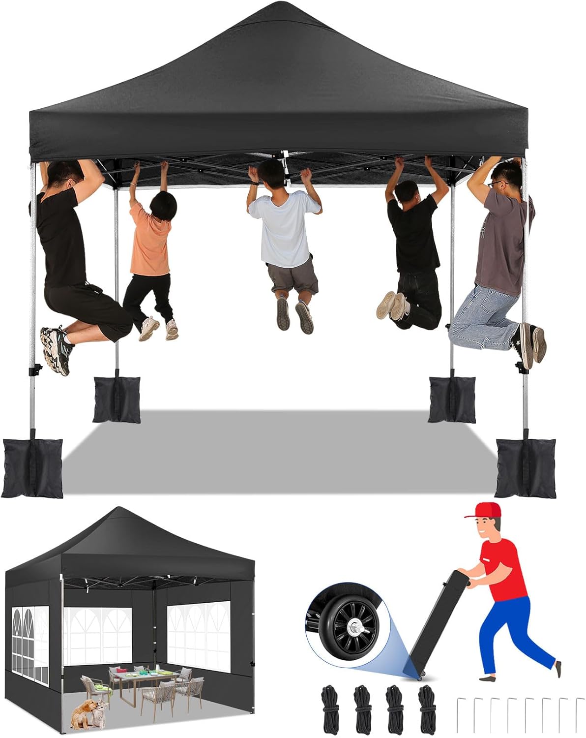 COBIZI 10x10 Pop up Canopy Tent Heavy Duty with 4 Sidewalls, Easy Set-up Commercial Outdoor Party Tent, 100% Waterproof Wedding Gazebo, 3 Height Adjustable with Wheeled Bag,Black