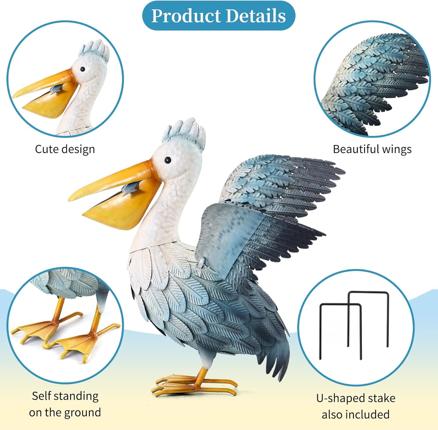 Metal Pelican Garden Statue Outdoor Decor, Metal Yard Art Decoration Coastal Bird Garden Decor Lawn Ornament for Porch Patio