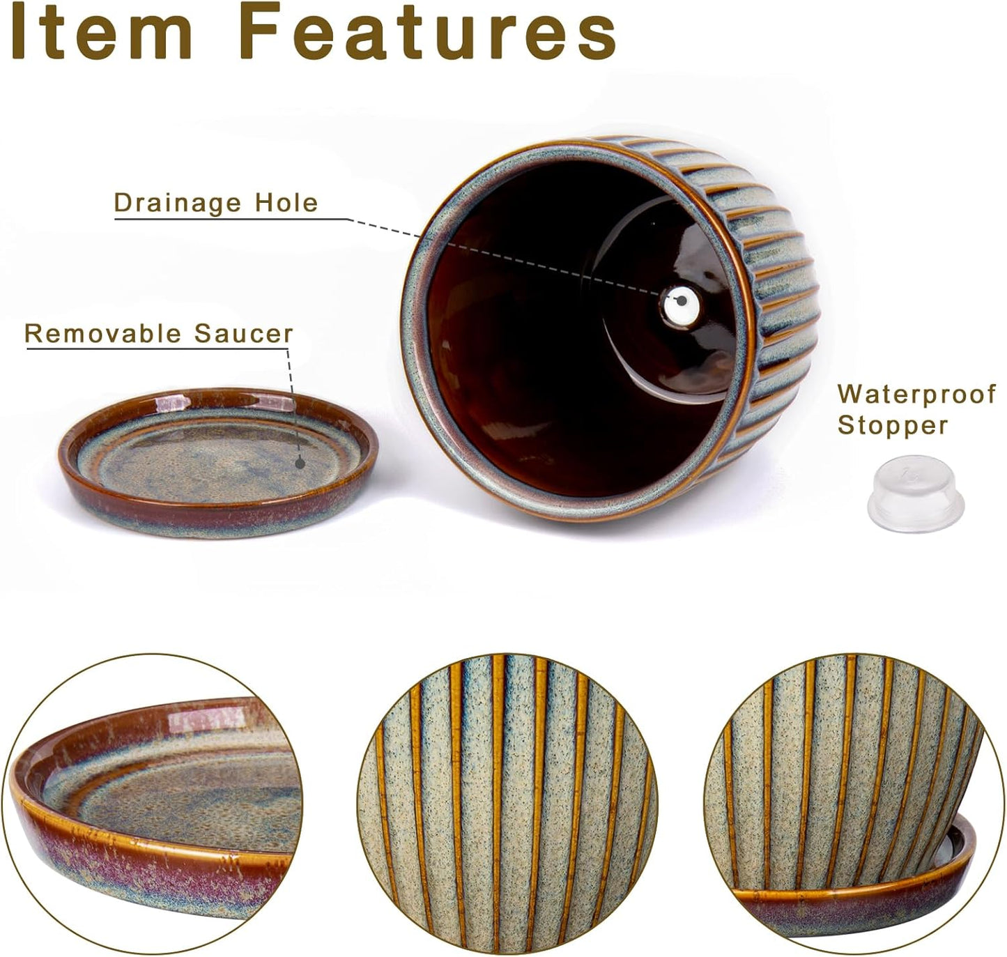 Oairse Ceramic Pots for Indoor Plants, 5.7 inch Pots for Plants Set of 2 Brown Planters with Drainage Holes and Saucers Texture Ceramic Planters Indoor Outdoor for Succulent